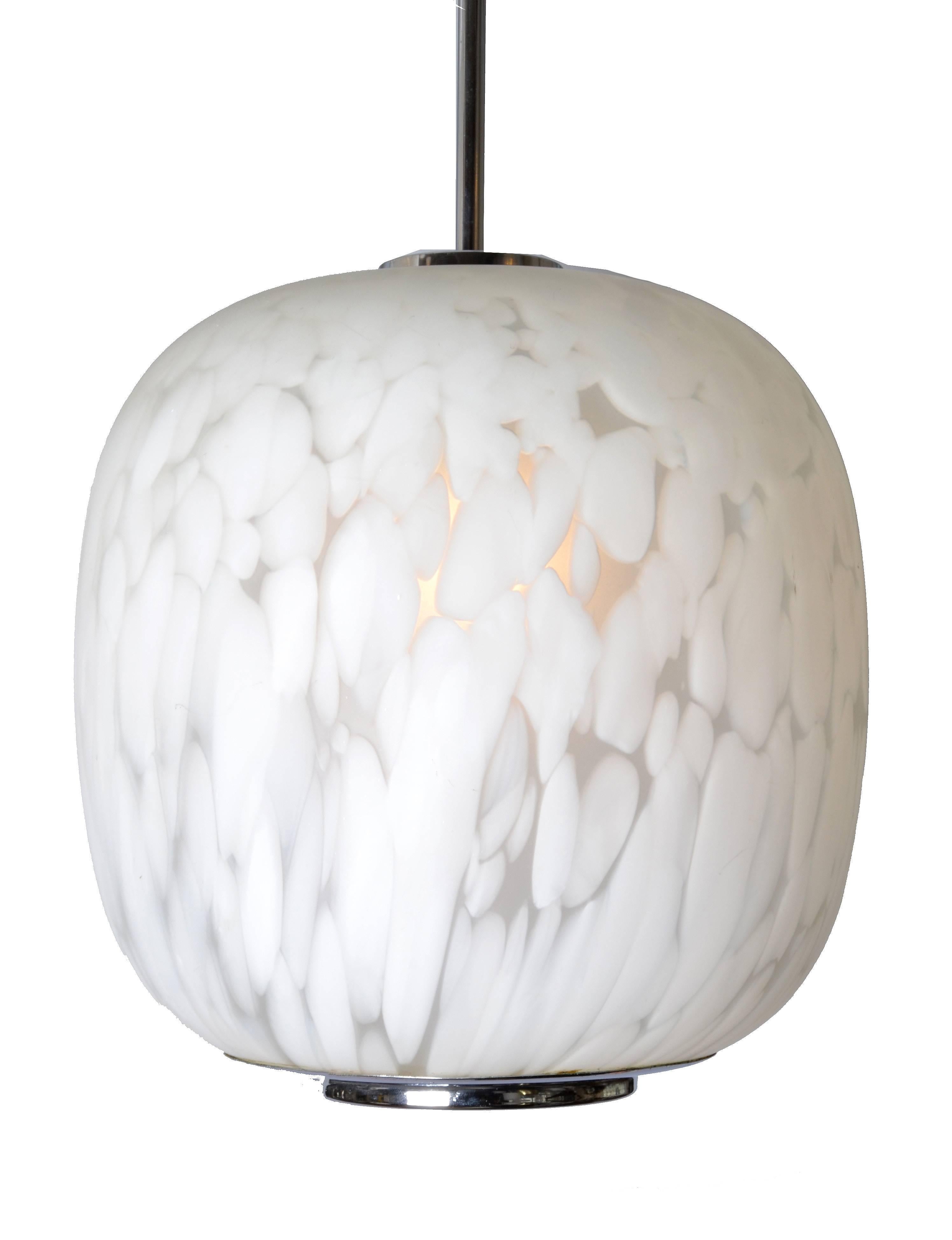 Mid-Century Modern Mazzega Murano Attributed Pendant Lamp Mottled White Murano Glass, Pair