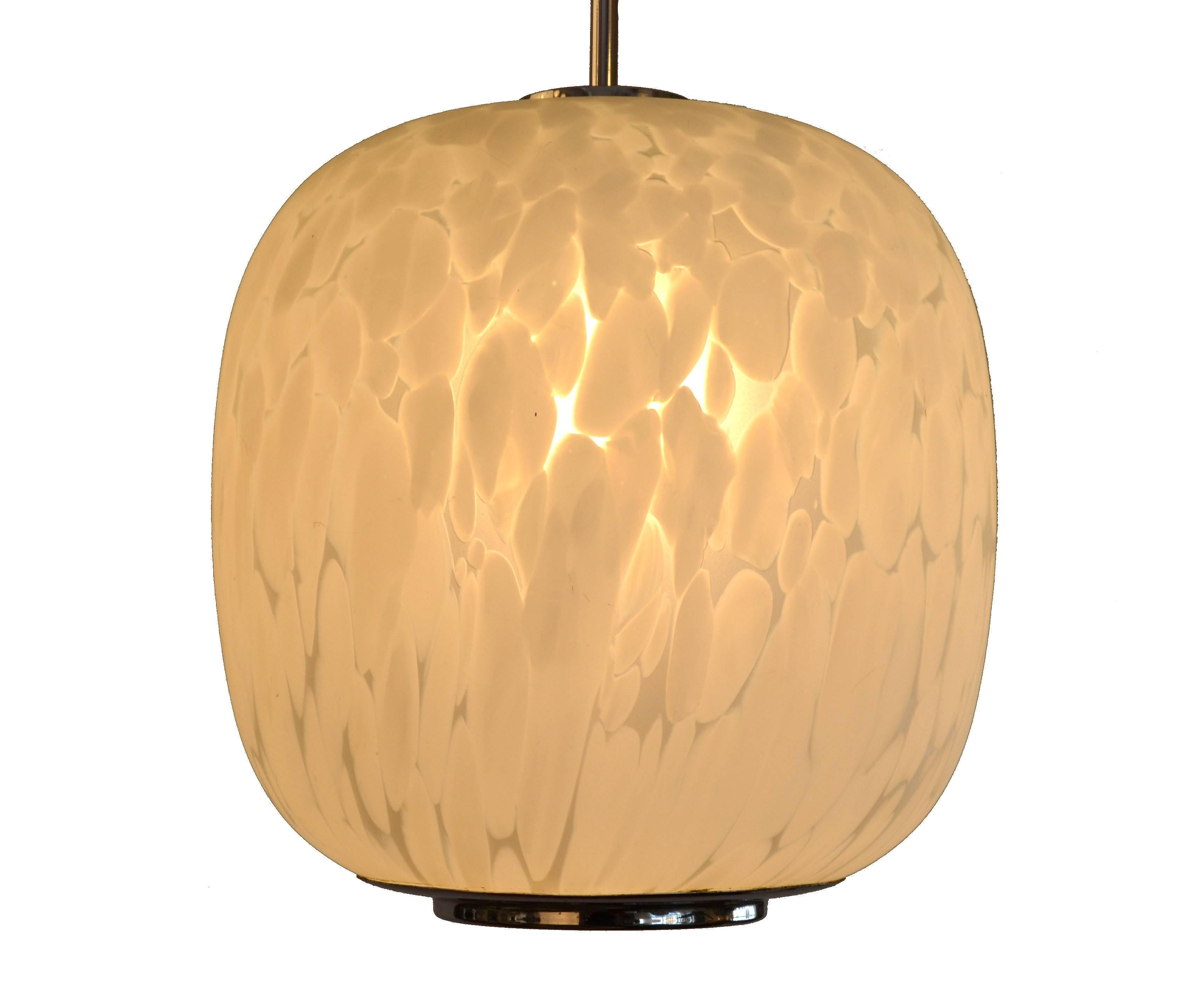 Mazzega Murano Attributed Pendant Lamp Mottled White Murano Glass, Pair 3
