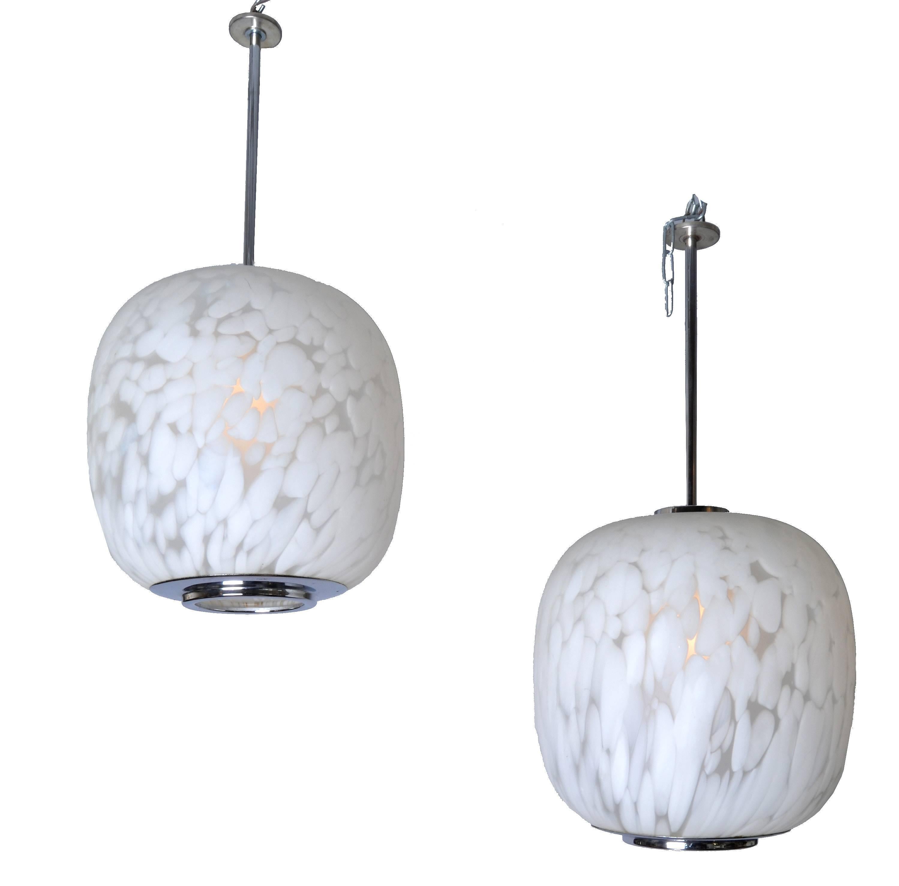 Mazzega Murano Attributed Pendant Lamp Mottled White Murano Glass, Pair 4