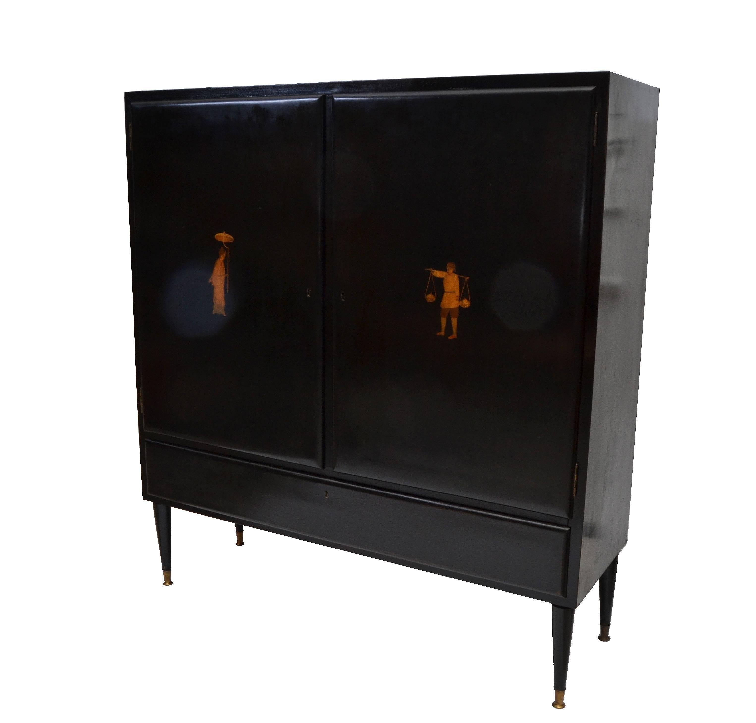 Mid-Century Modern Ebonized Cabinet from Italy with Marquetry Details