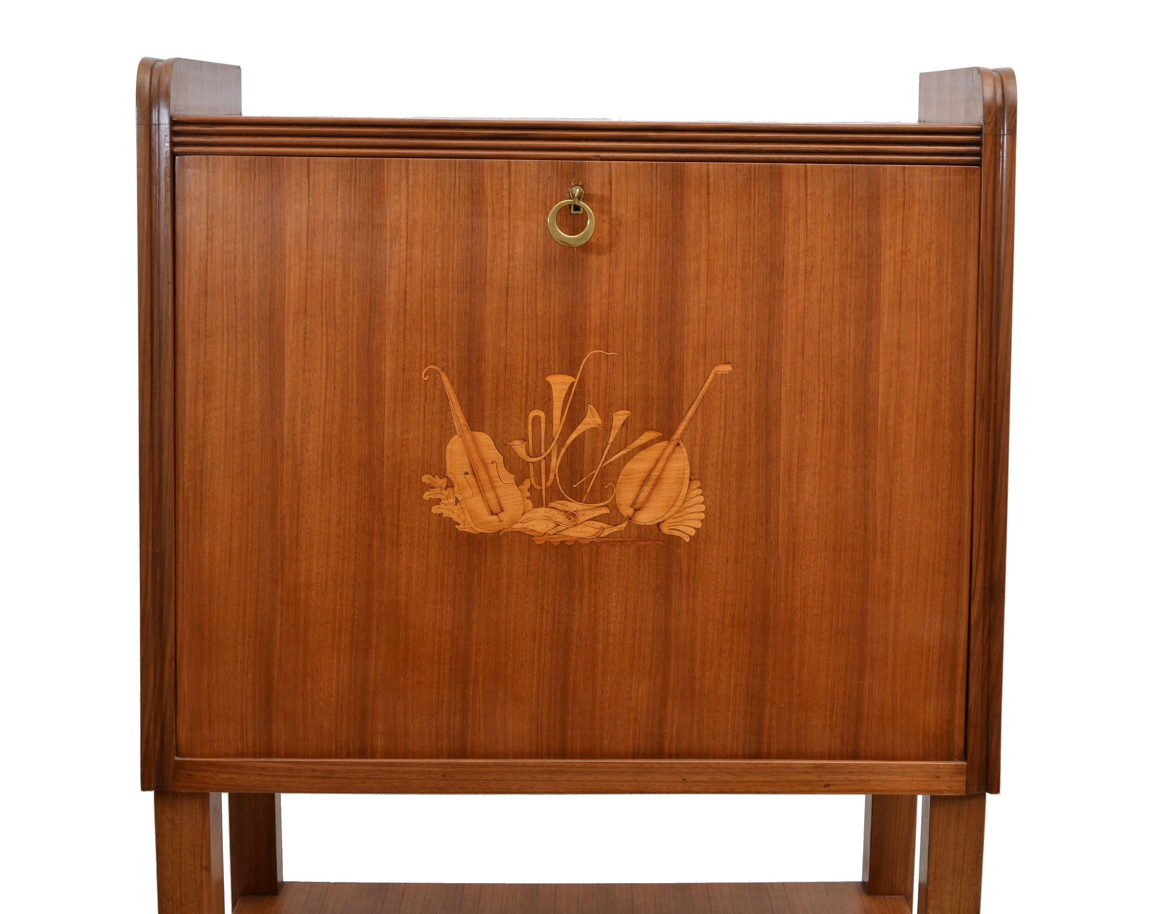 Marquetry Italian Art Deco Wooden High Bar Dry Bar Cabinet Brass Sabots Hinged Drop-Door For Sale