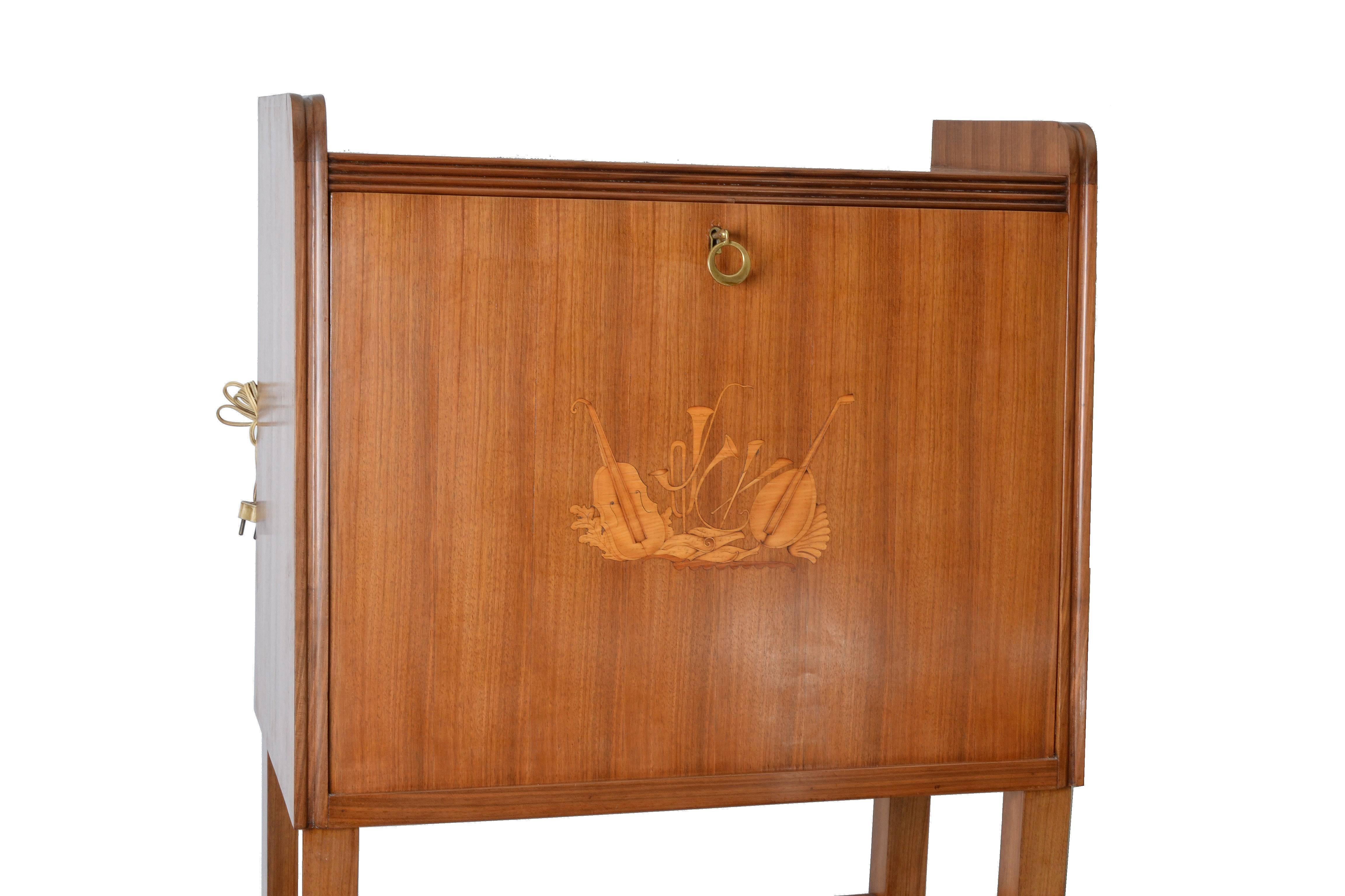 20th Century Italian Art Deco Wooden High Bar Dry Bar Cabinet Brass Sabots Hinged Drop-Door For Sale