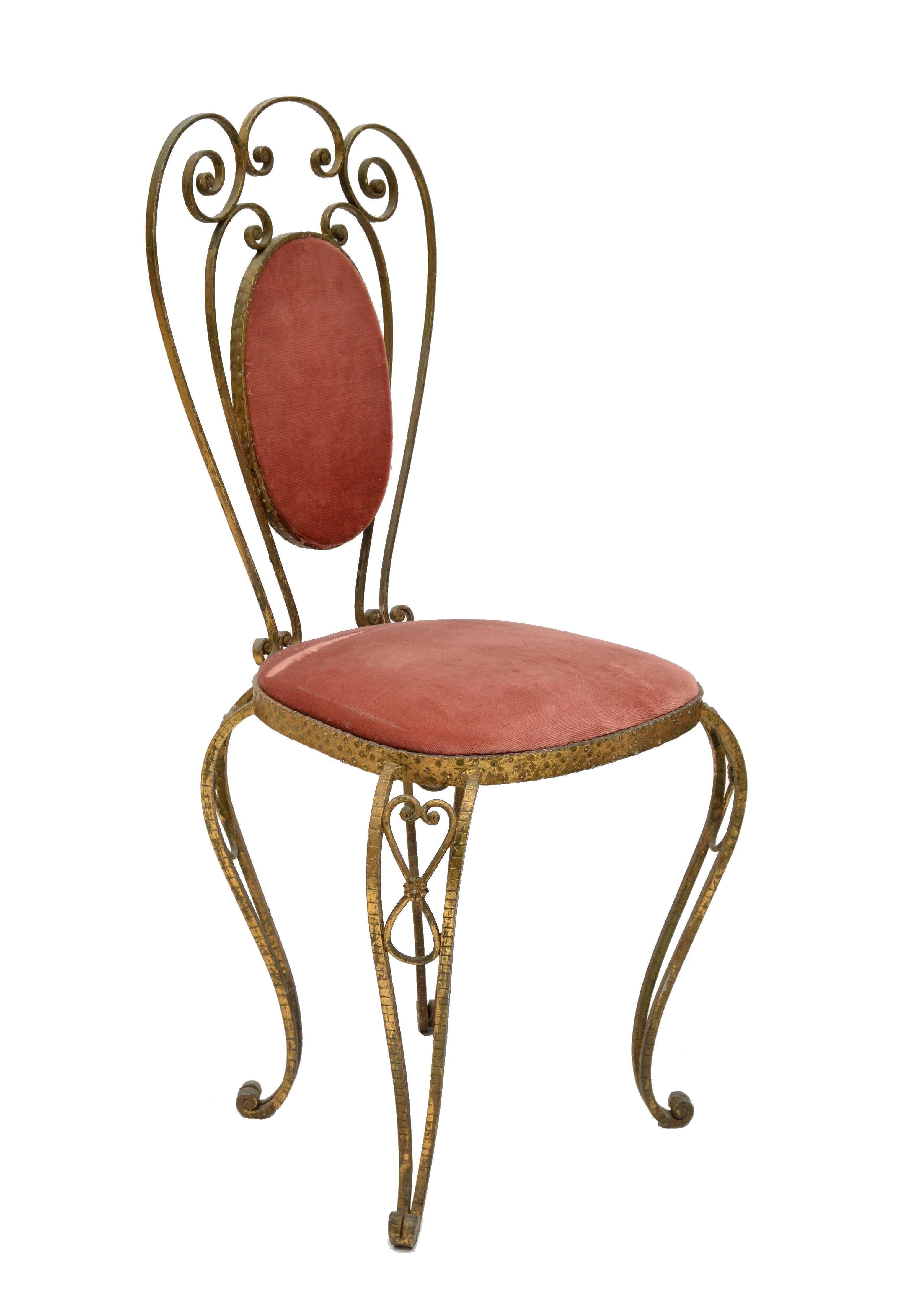 Art Deco Italian Gilt Wrought Iron Vanity Chair Pink Velvet Upholstery Pier Luigi Colli