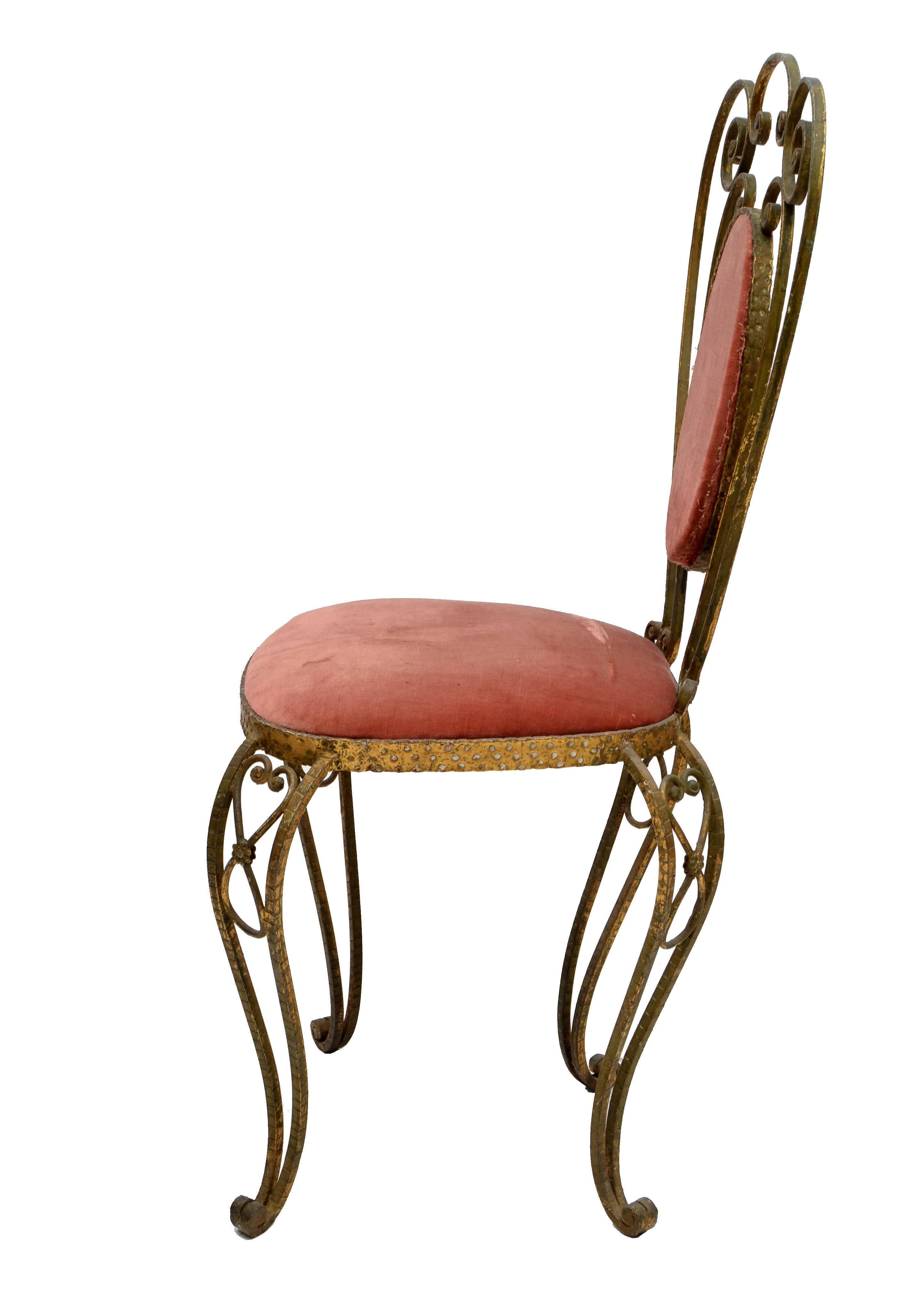 Hand-Crafted Italian Gilt Wrought Iron Vanity Chair Pink Velvet Upholstery Pier Luigi Colli