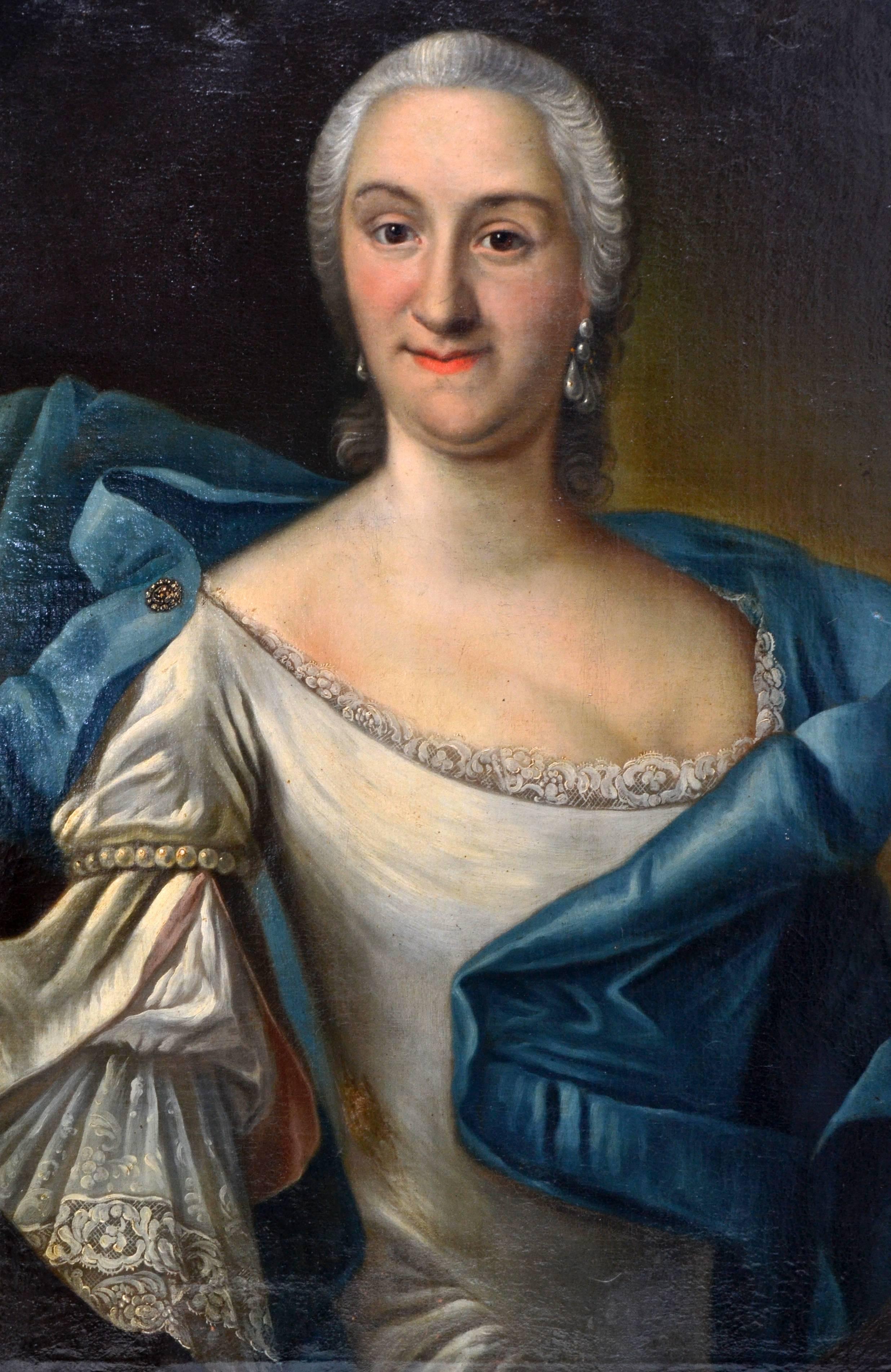 Finely detailed portrait of a lady wearing a grey dress with a blue coat.
The painting is very detailed and shows the artist had a great deal of experience. However he was only active for about 13 years in the 18th century
Only a handful of