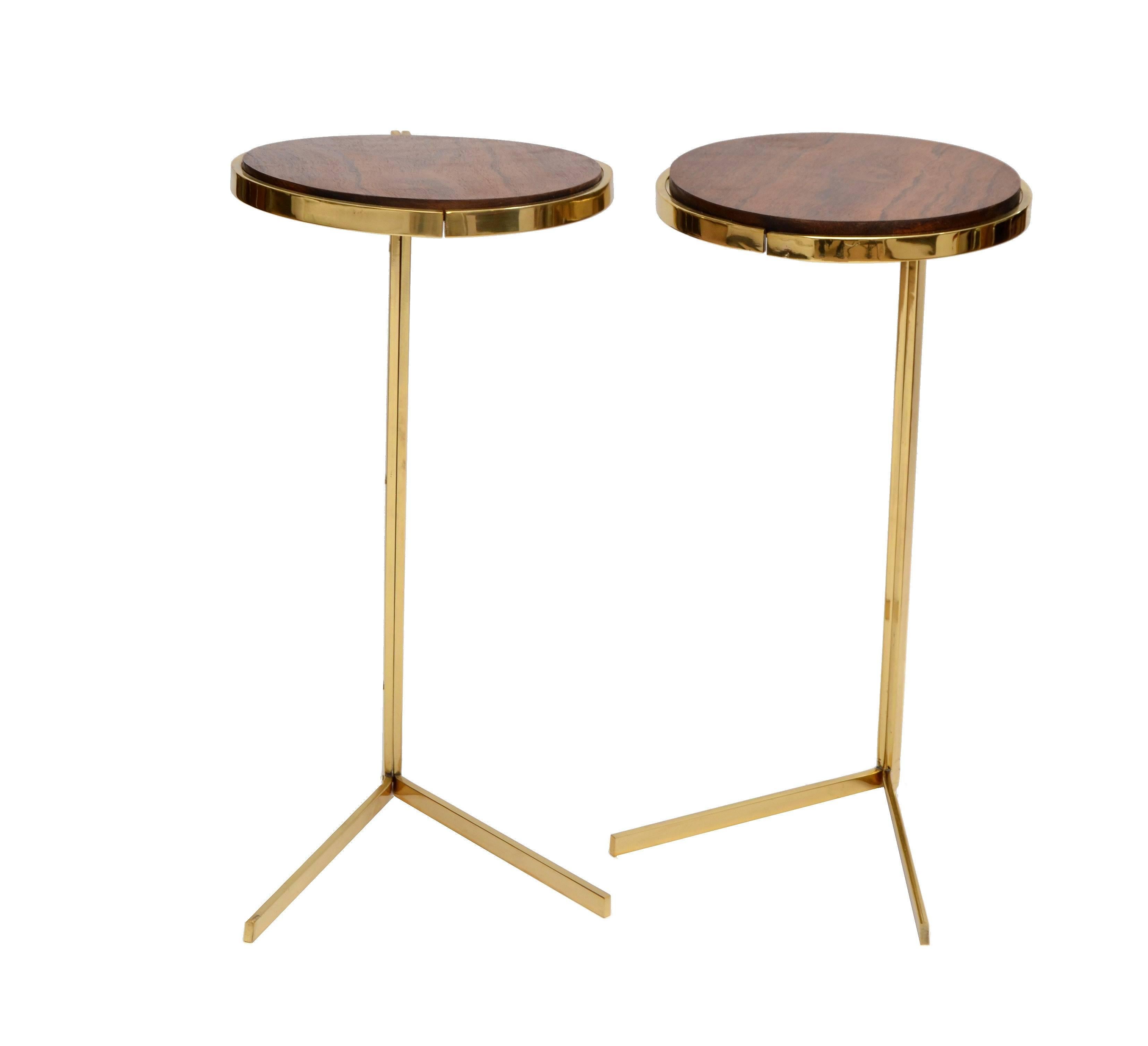 Unique Art Deco tables in brass and topped with exotic Brazilian hardwood.
Can be used as side table or martini table next to your favorite chair.

 
