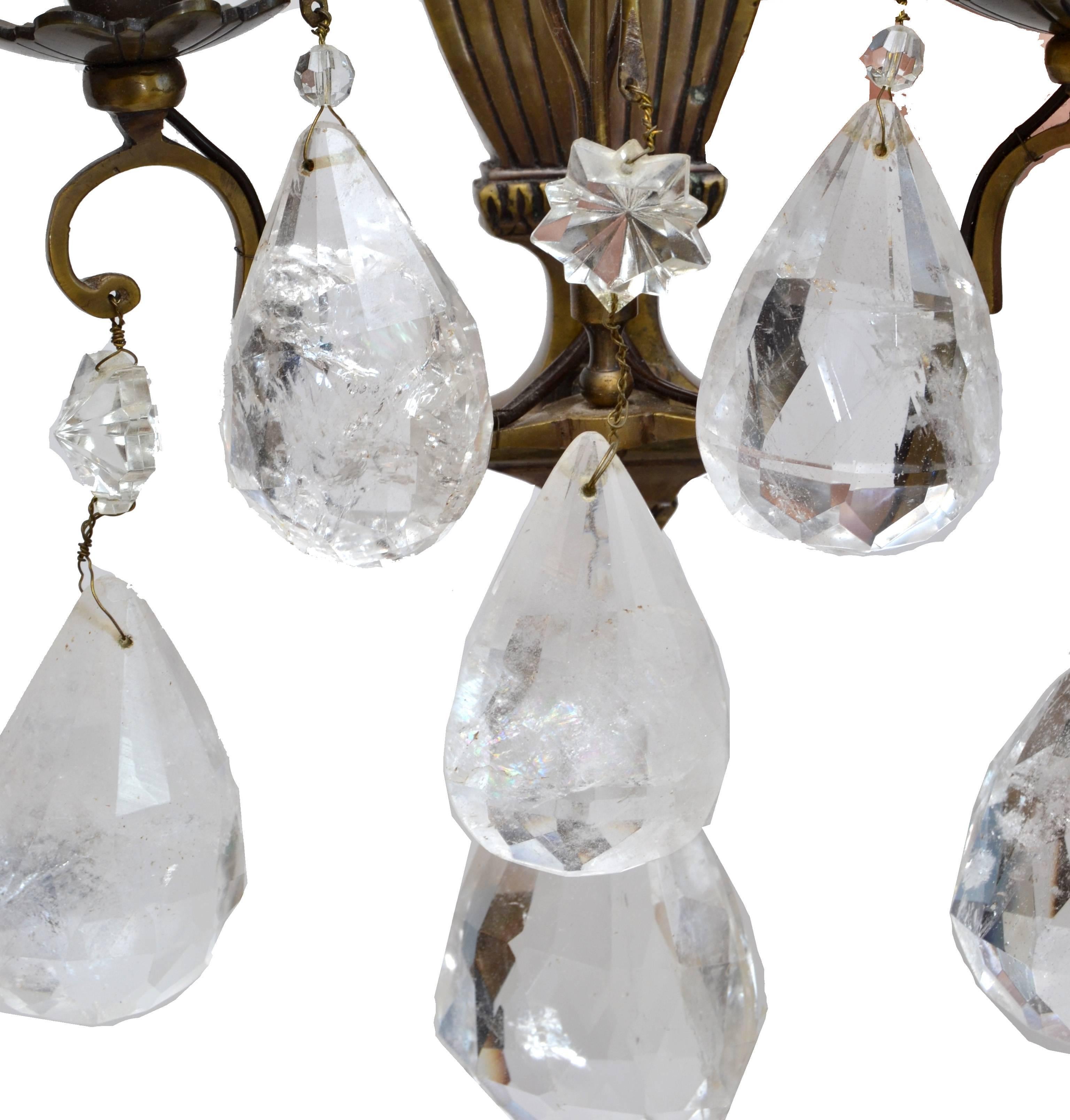 French Bohemian Rock Crystal and Bronze Wall Sconces, a Pair