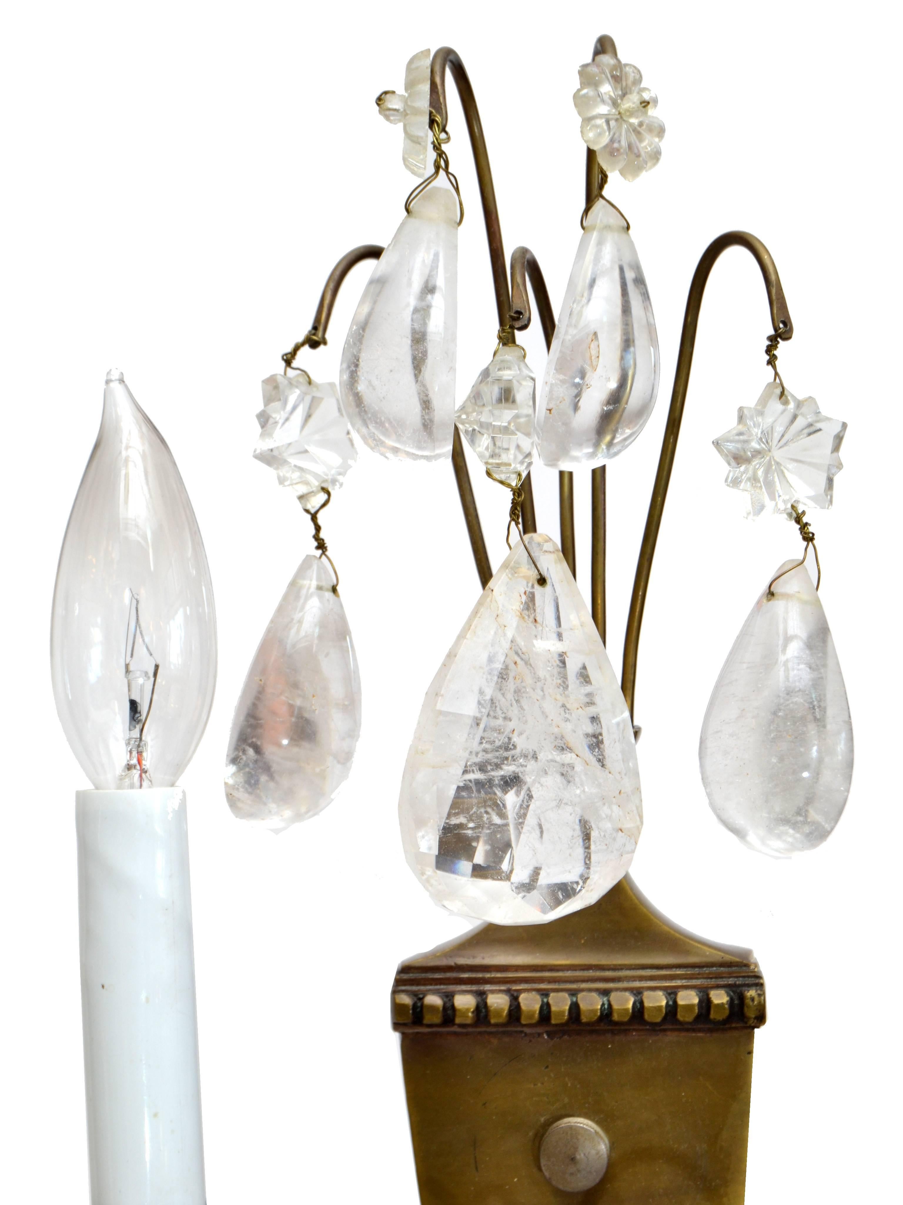 Faceted Bohemian Rock Crystal and Bronze Wall Sconces, a Pair