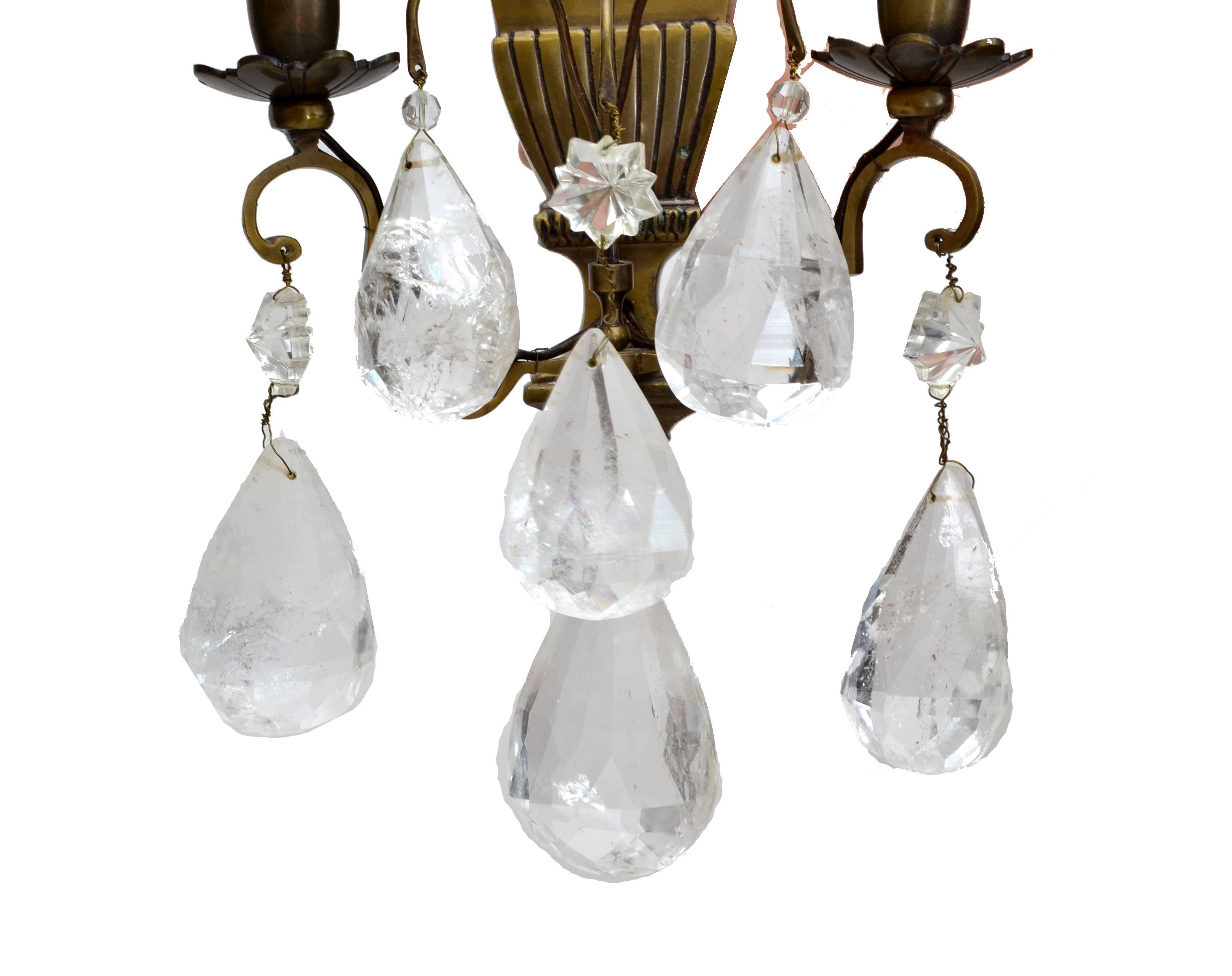 Early 20th Century Bohemian Rock Crystal and Bronze Wall Sconces, a Pair