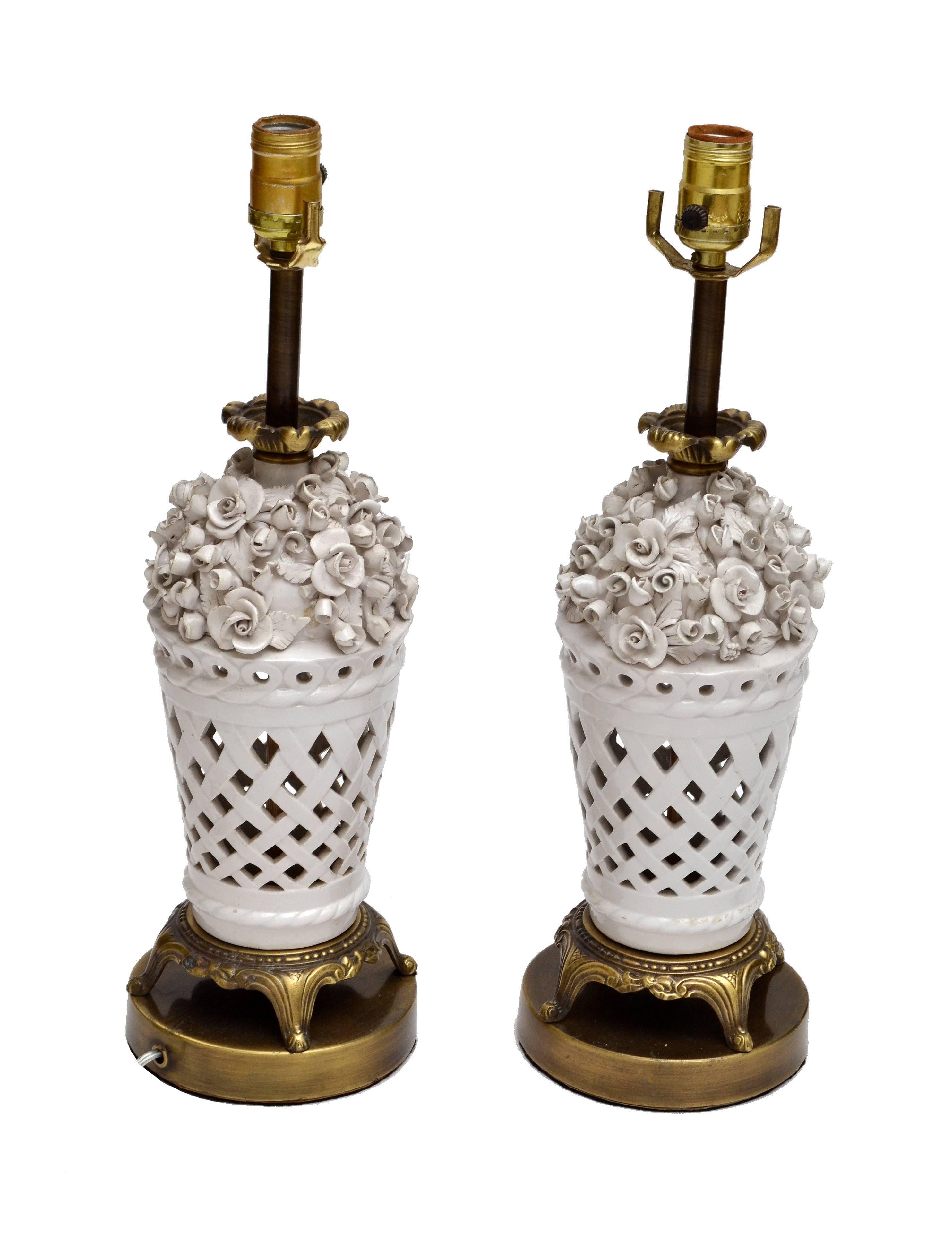 Metal Porcelain and Bronze Table Lamps with Flowers, Pair