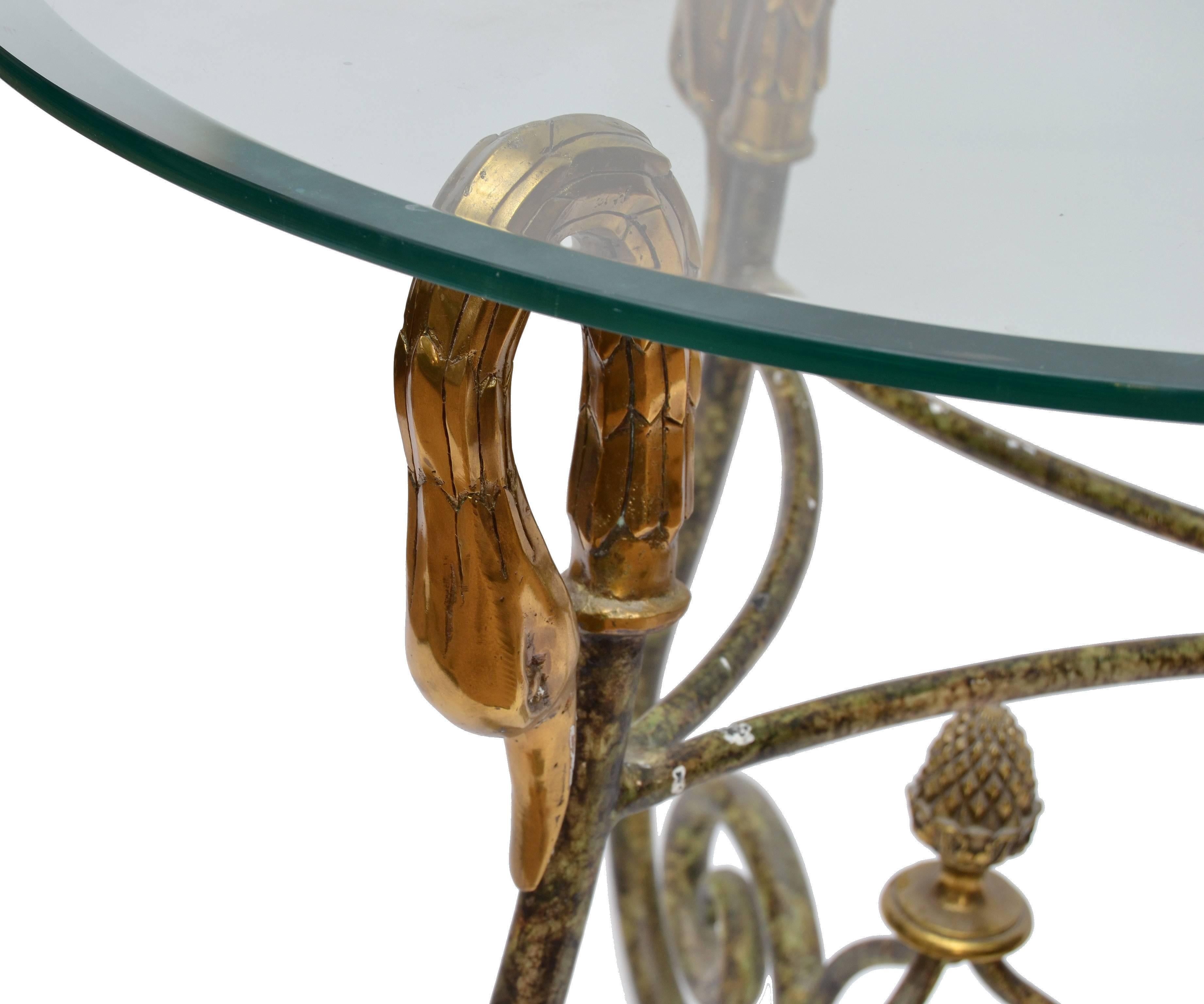 Italian Hollywood Regency Wrought Iron Side Table from Italy with Brass Swan Heads 1950 For Sale