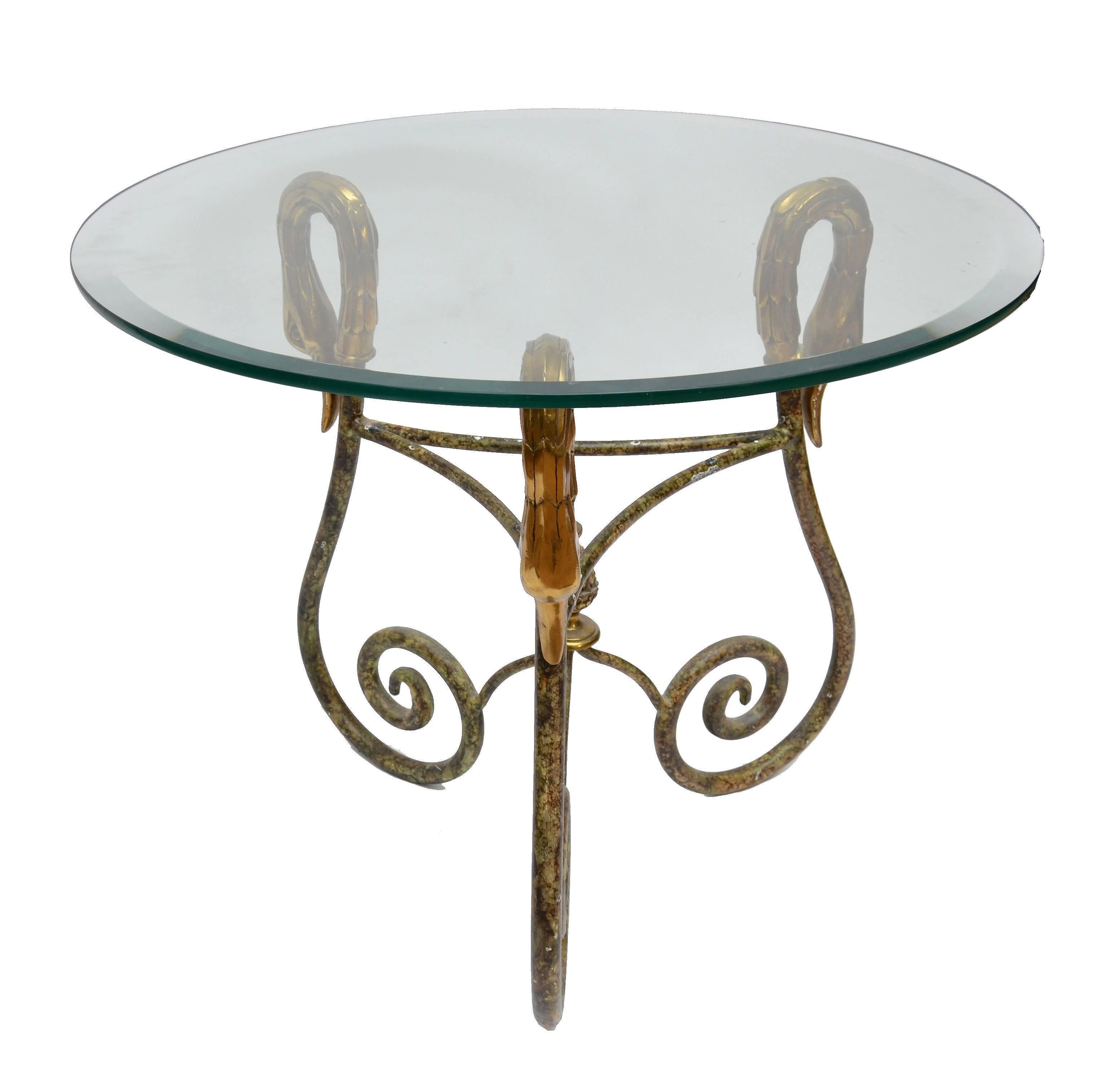 Mid-20th Century Hollywood Regency Wrought Iron Side Table from Italy with Brass Swan Heads 1950 For Sale