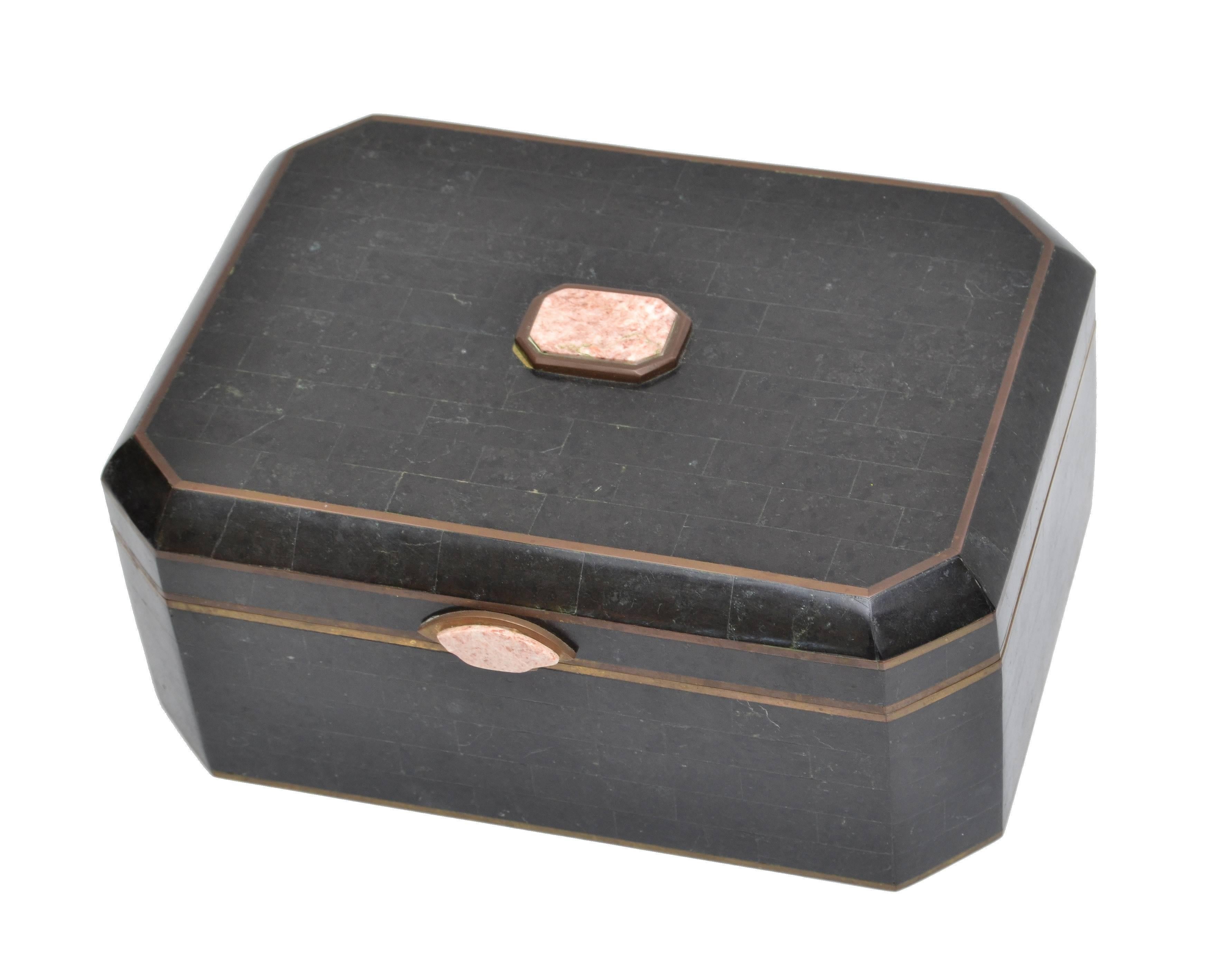 Maitland-Smith Tessellated Bone over Wood Box with Brass Inlay In Good Condition In Miami, FL