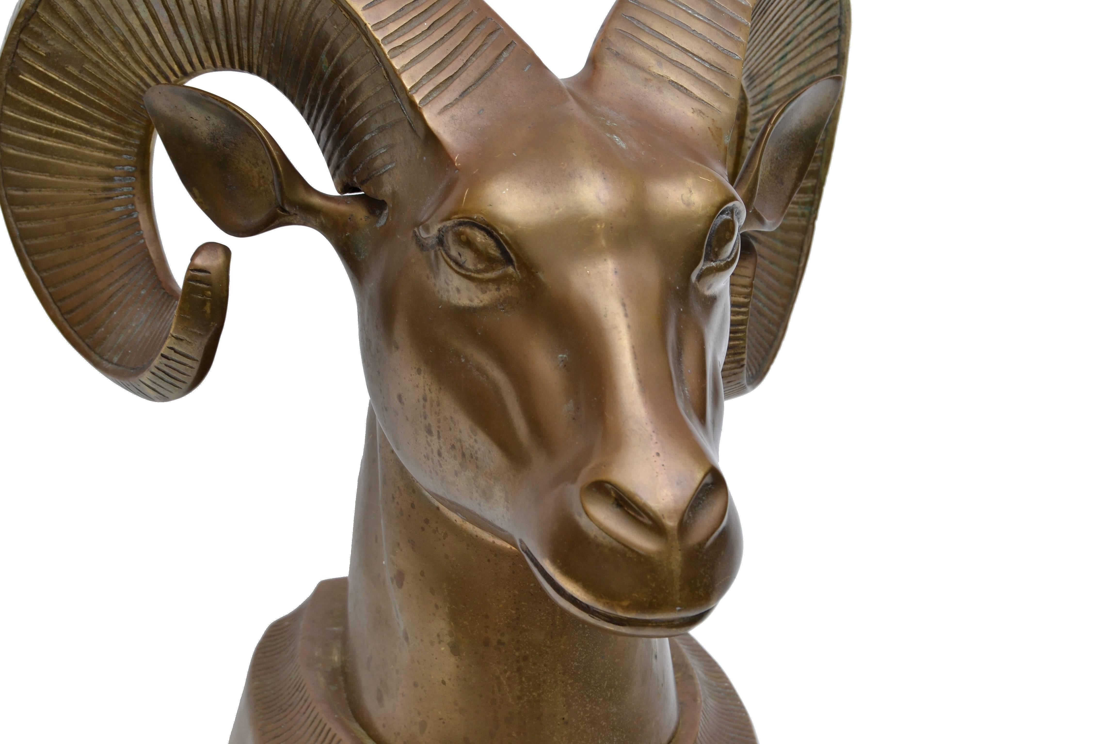 Hand-Carved Late 1960s Hollywood Regency Solid Bronze Ram's Head Tabletop Animal Sculpture For Sale