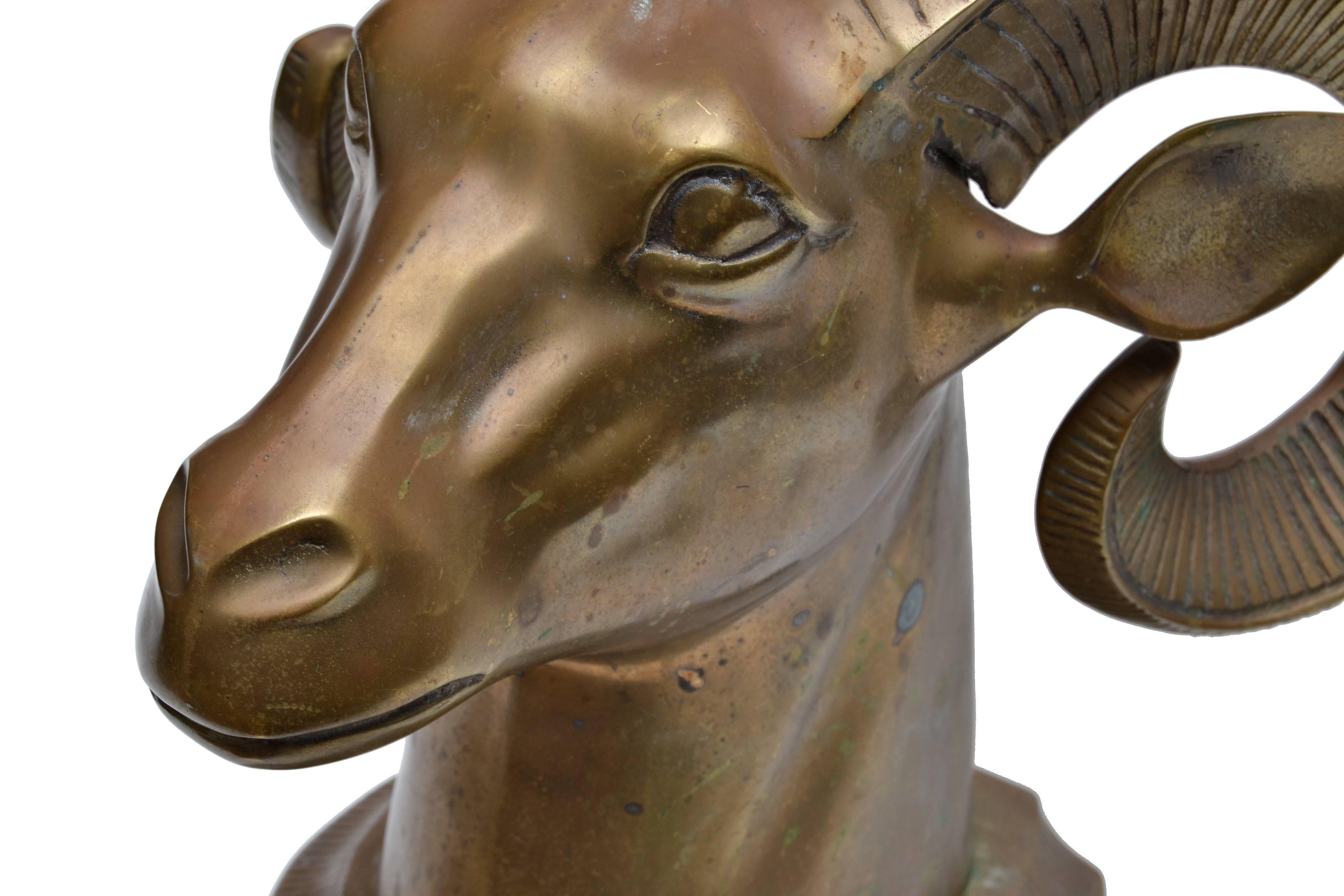 Late 1960s Hollywood Regency Solid Bronze Ram's Head Tabletop Animal Sculpture For Sale 1