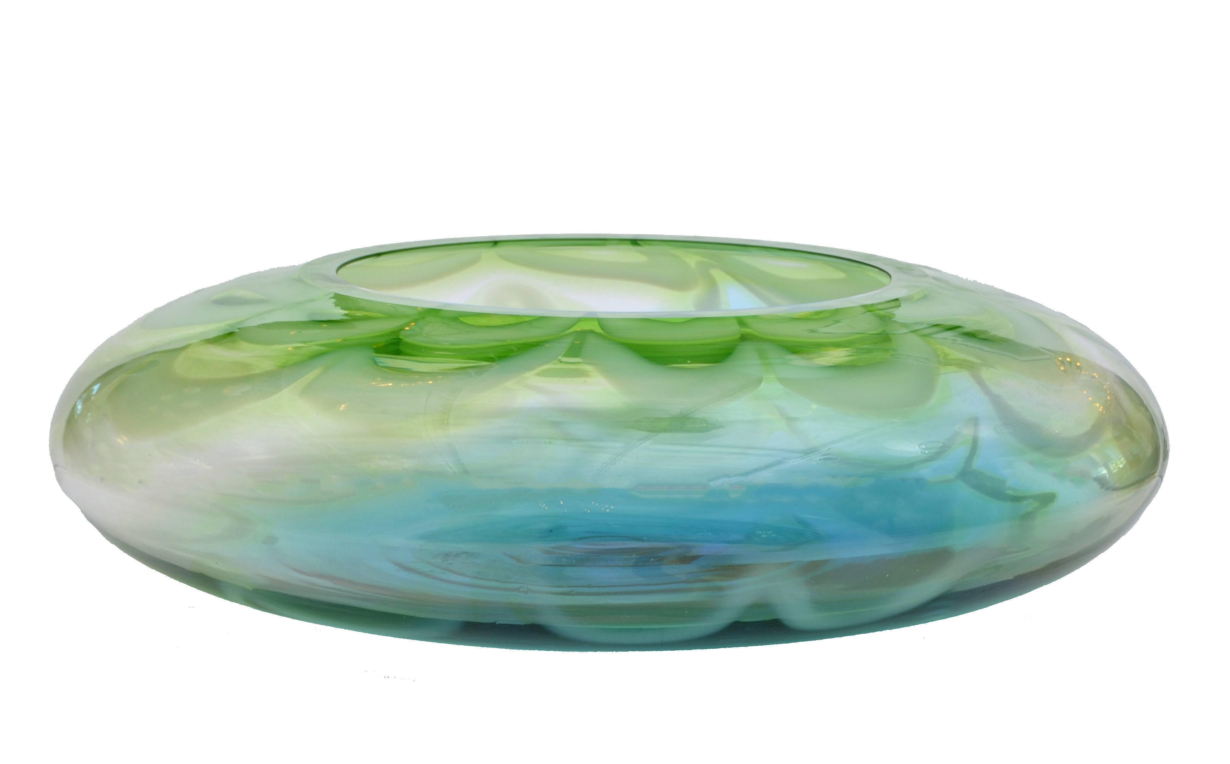 Mid-Century Modern Waterford Crystal Signed Art Glass Bowl, Table Vase in Green and Blue