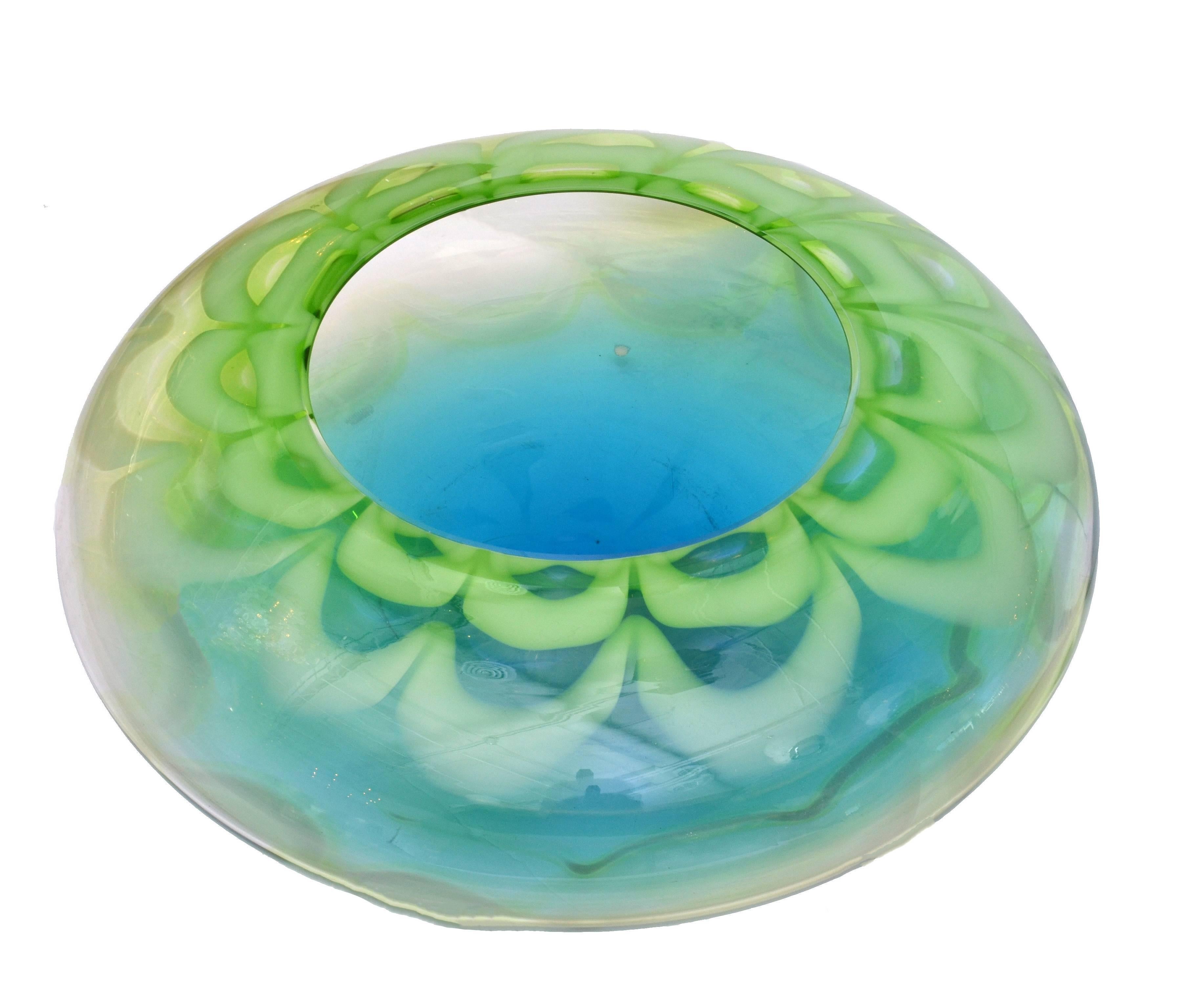 Mid-Century Modern Waterford Crystal Signed Art Glass Bowl, Table Vase in Green and Blue