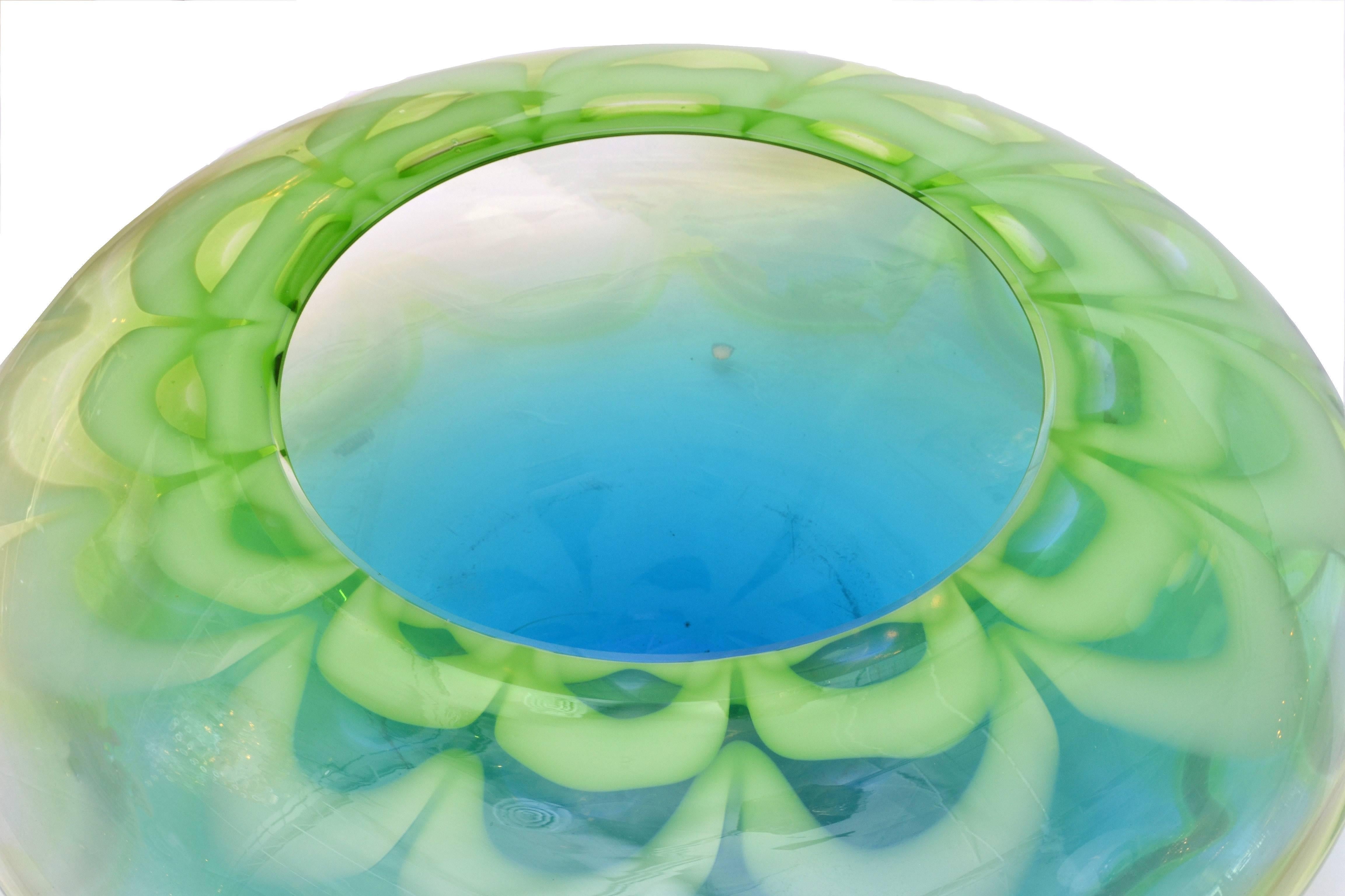 Waterford Crystal Signed Art Glass Bowl, Table Vase in Green and Blue In Excellent Condition In Miami, FL