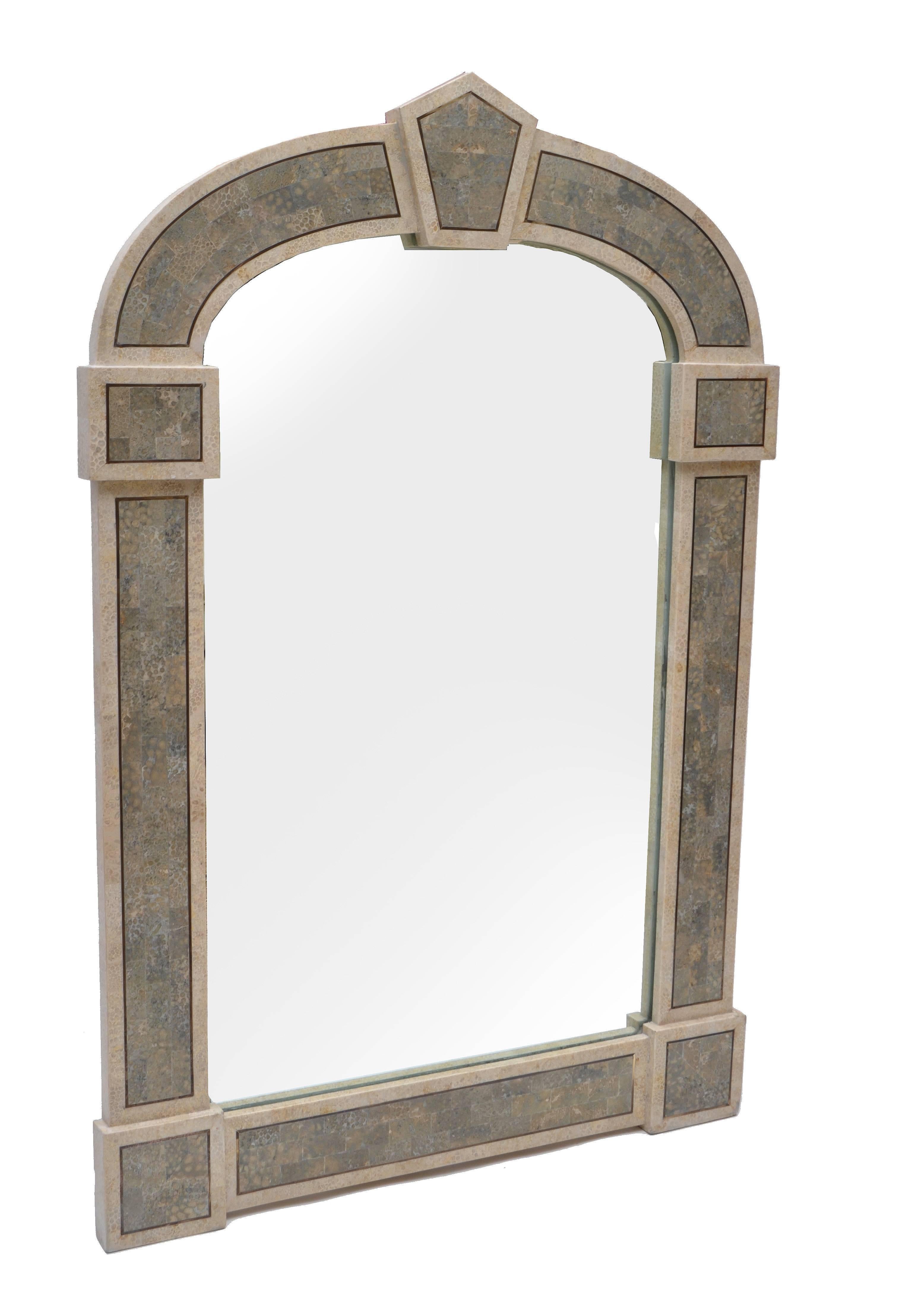 Tessellated stone over wood Gothic shaped wall mirror.
Easy and secure to be hung, has hooks on the reverse.
 