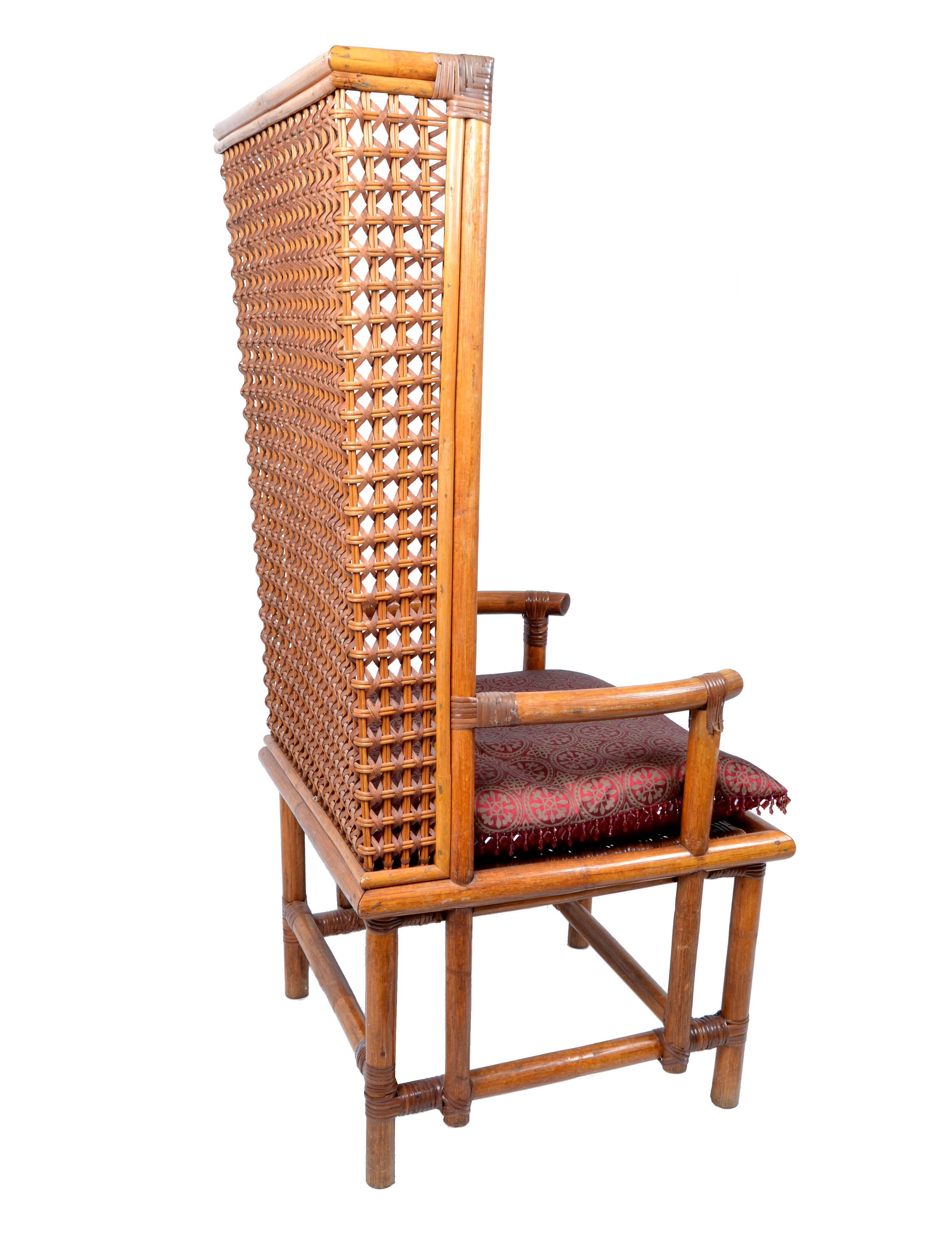 Post-Modern Vintage Bamboo and Cane Chinese Chinoiserie Style High Back Chair