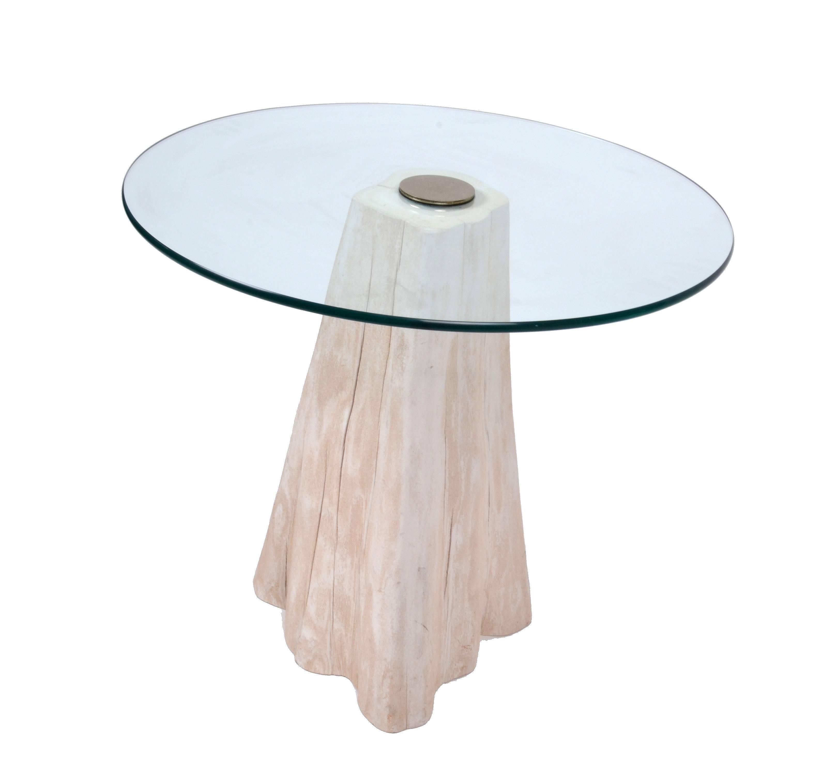 Round Mid-Century Modern Cypress Tree Stump Glass Side Table.