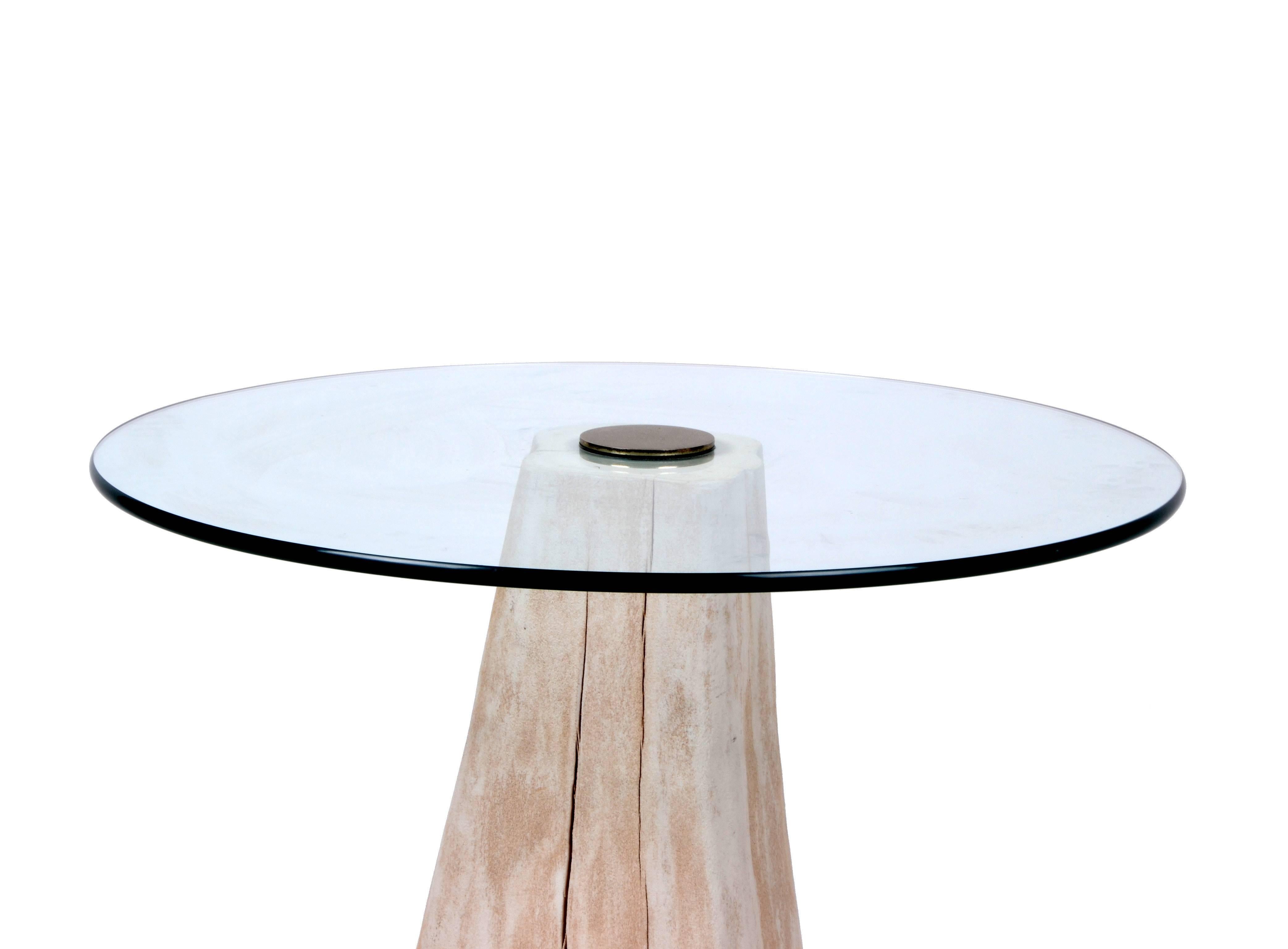 American Round Mid-Century Modern Cypress Tree Stump Glass Side Table