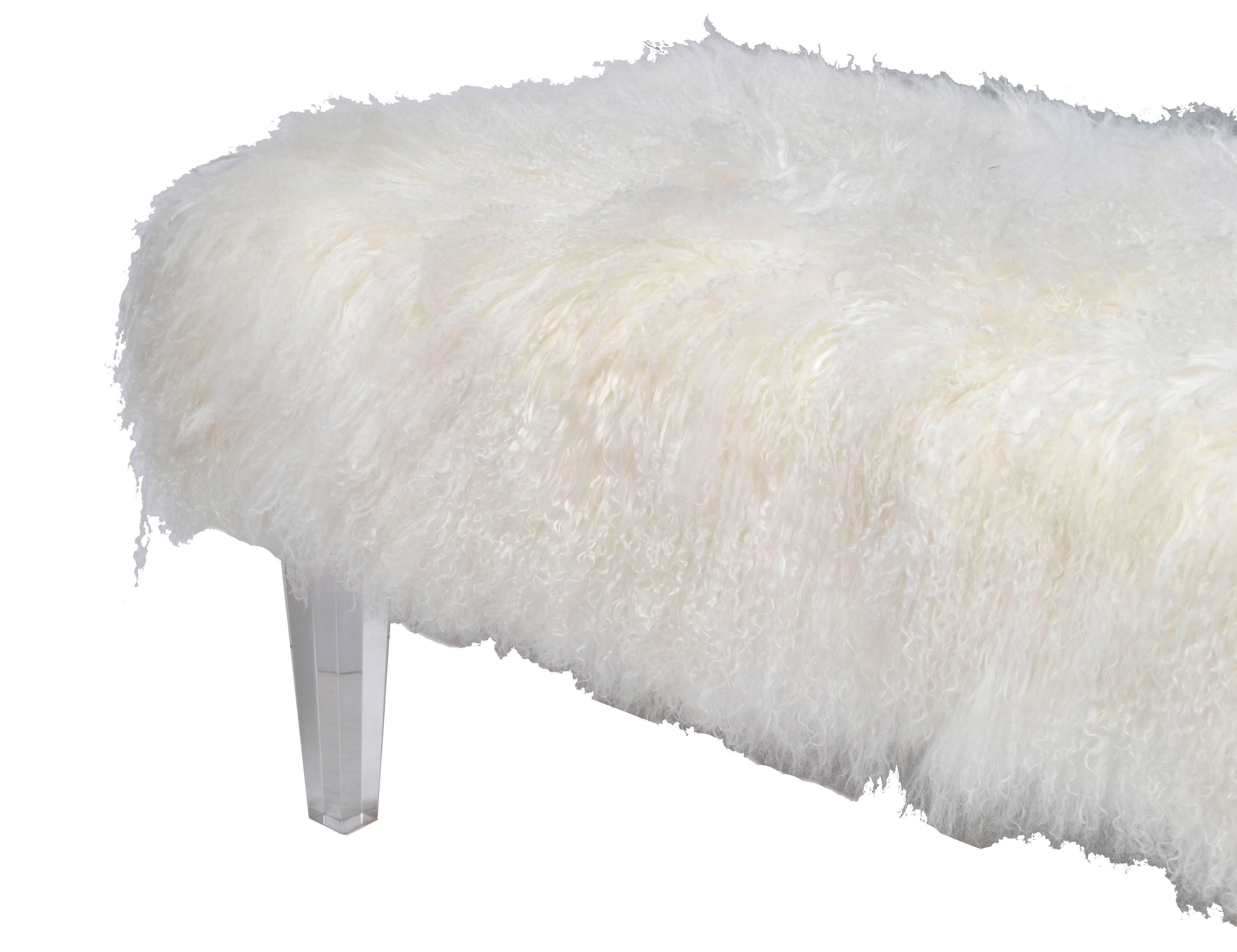 Contemporary Tibetan Sheepskin Bench with Lucite Legs