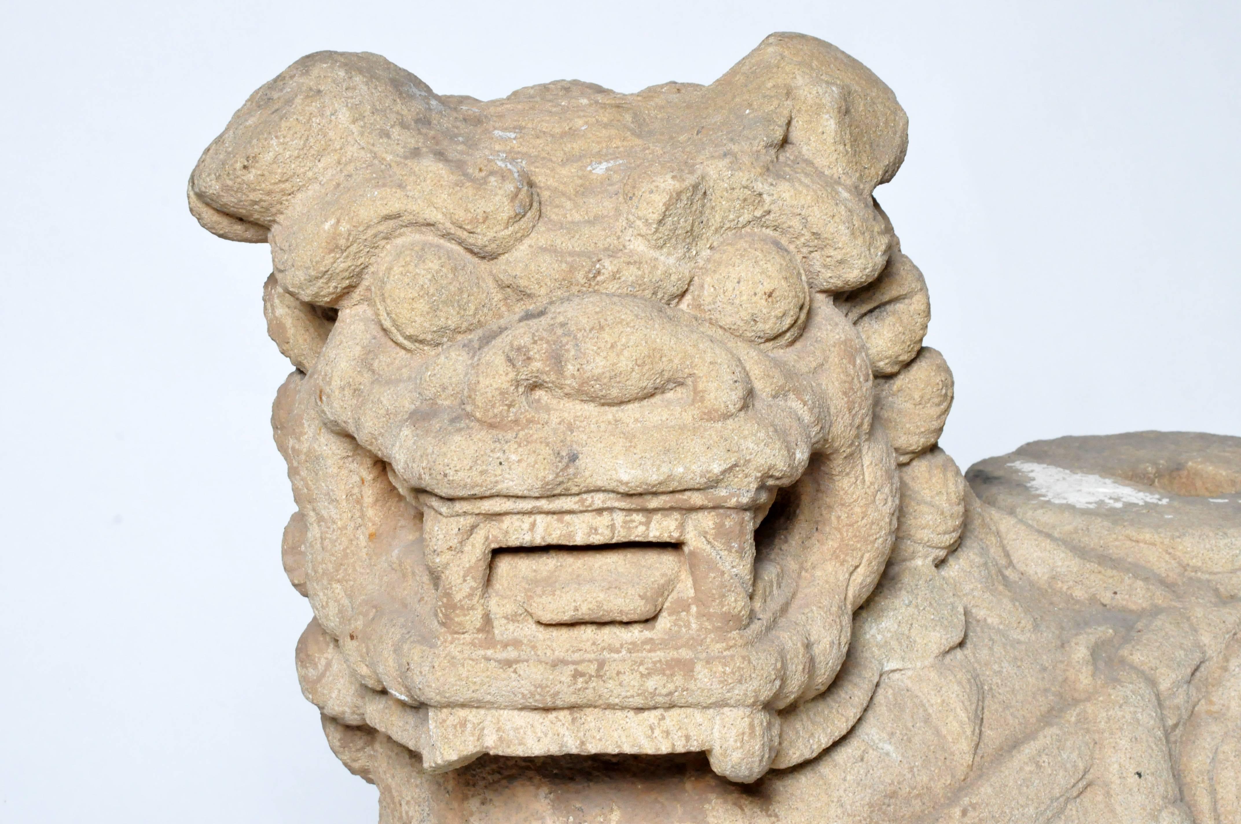 Carved Pair of Chinese Stone Guardian Lions For Sale