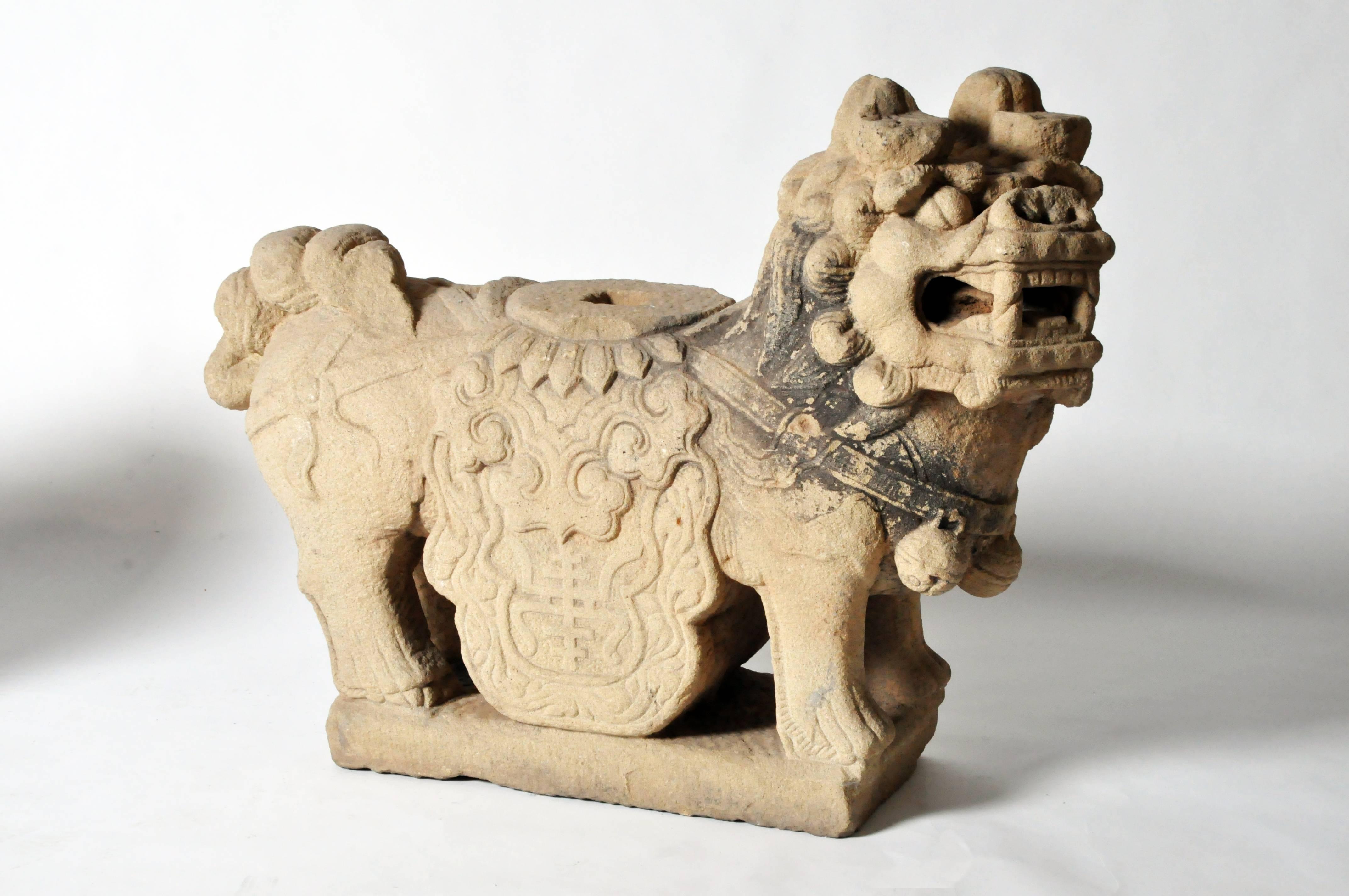 Limestone Pair of Chinese Stone Guardian Lions For Sale
