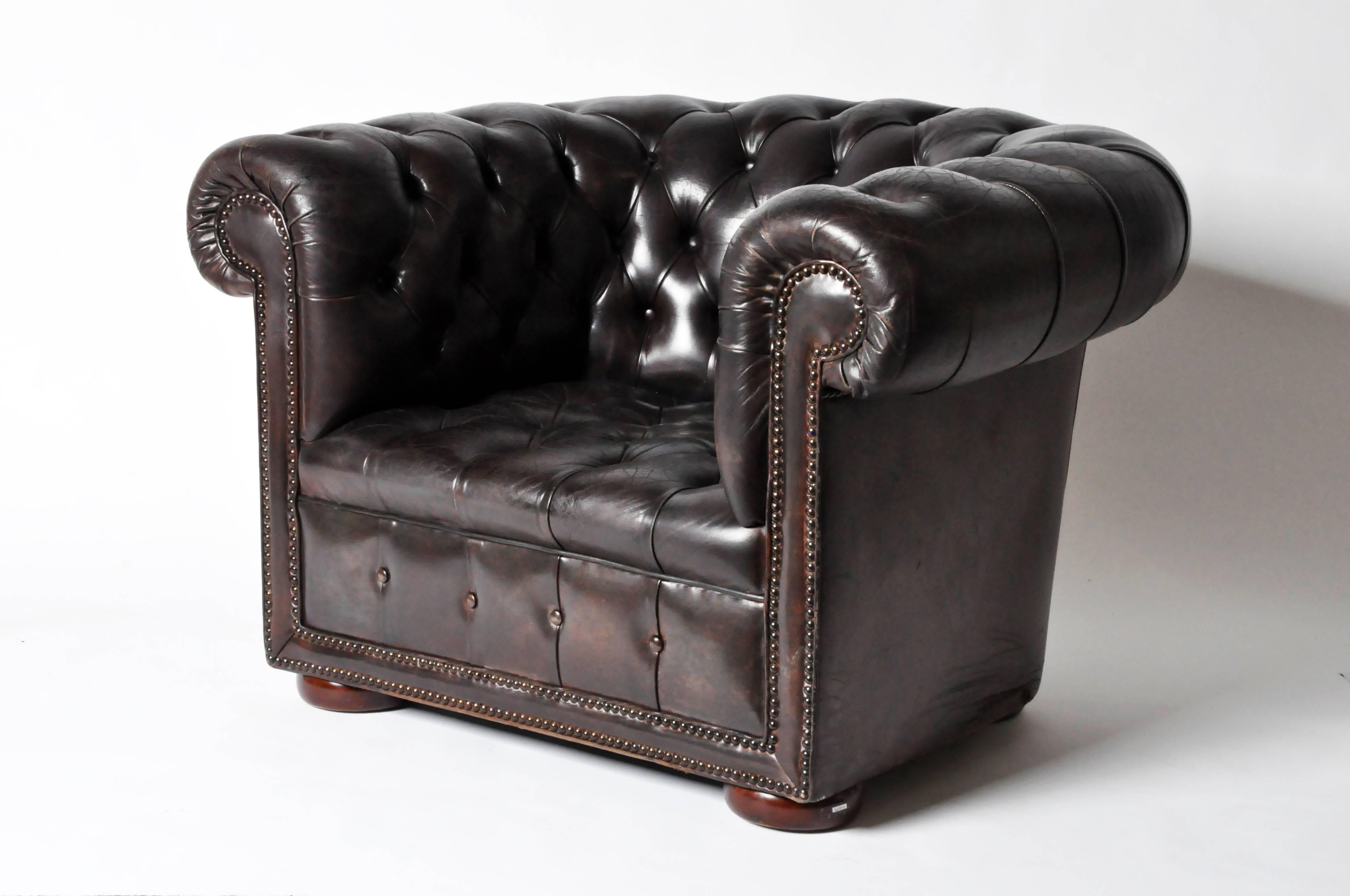 English Espresso Brown Leather Chesterfield Club Chair