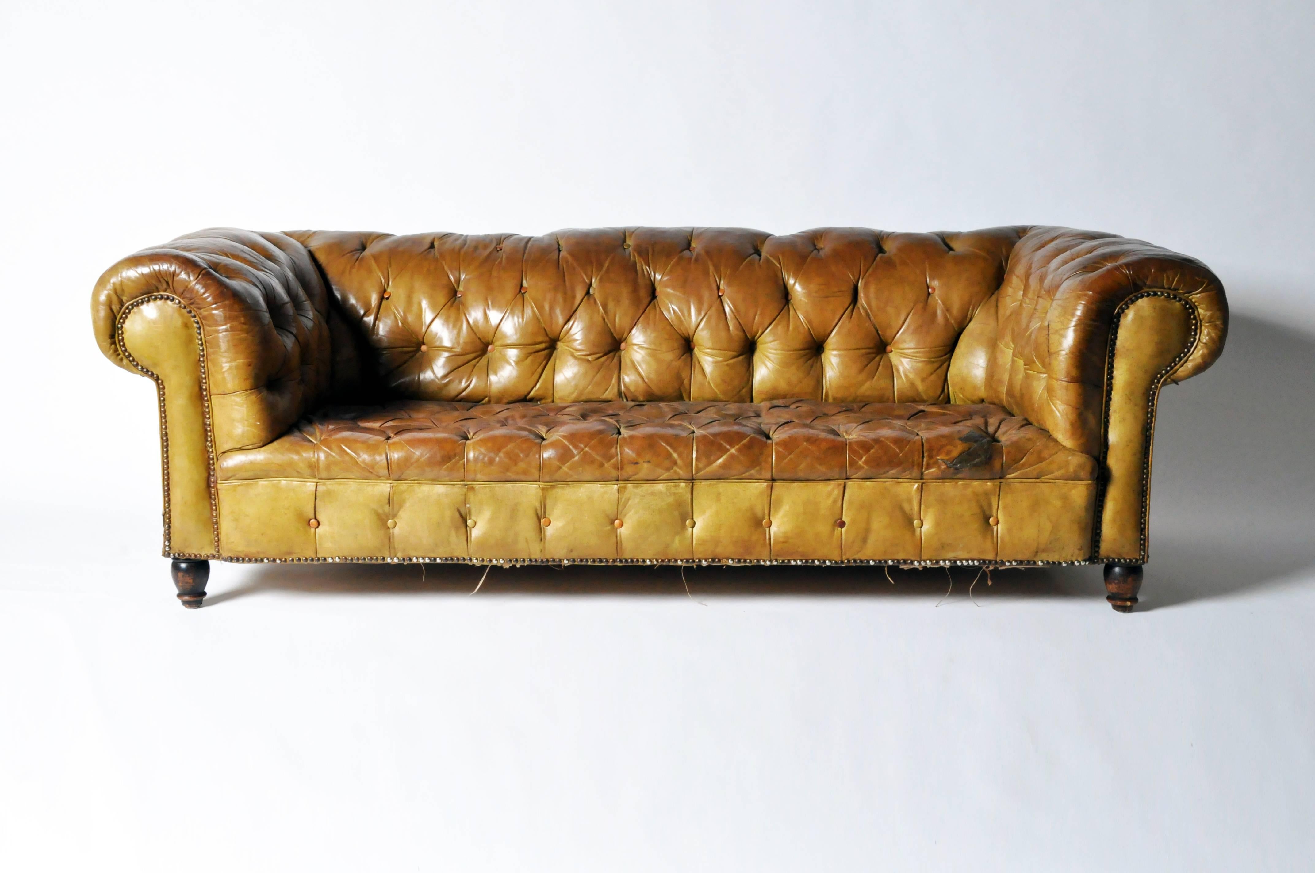 This classic couch is the definition of old fashioned luxury. True to form and style, a myriad of button tufts create a quilted texture that covers the back, seat and rolled arms. The unique design and choice of leather upholstery is linked back to