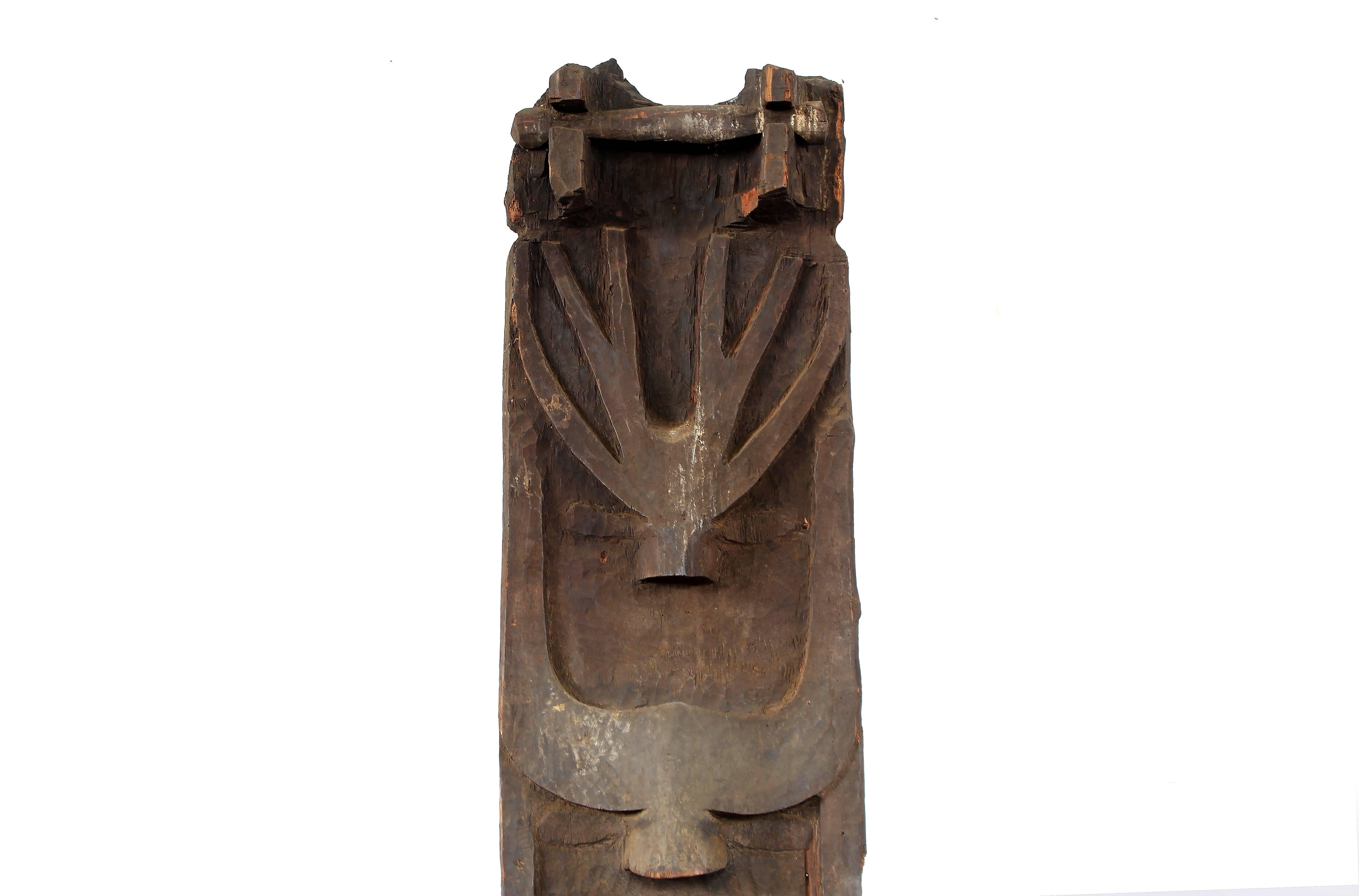 Tribal Monumental Morung Carving with Leaf Muntjac and Four Mithun Head Decoration