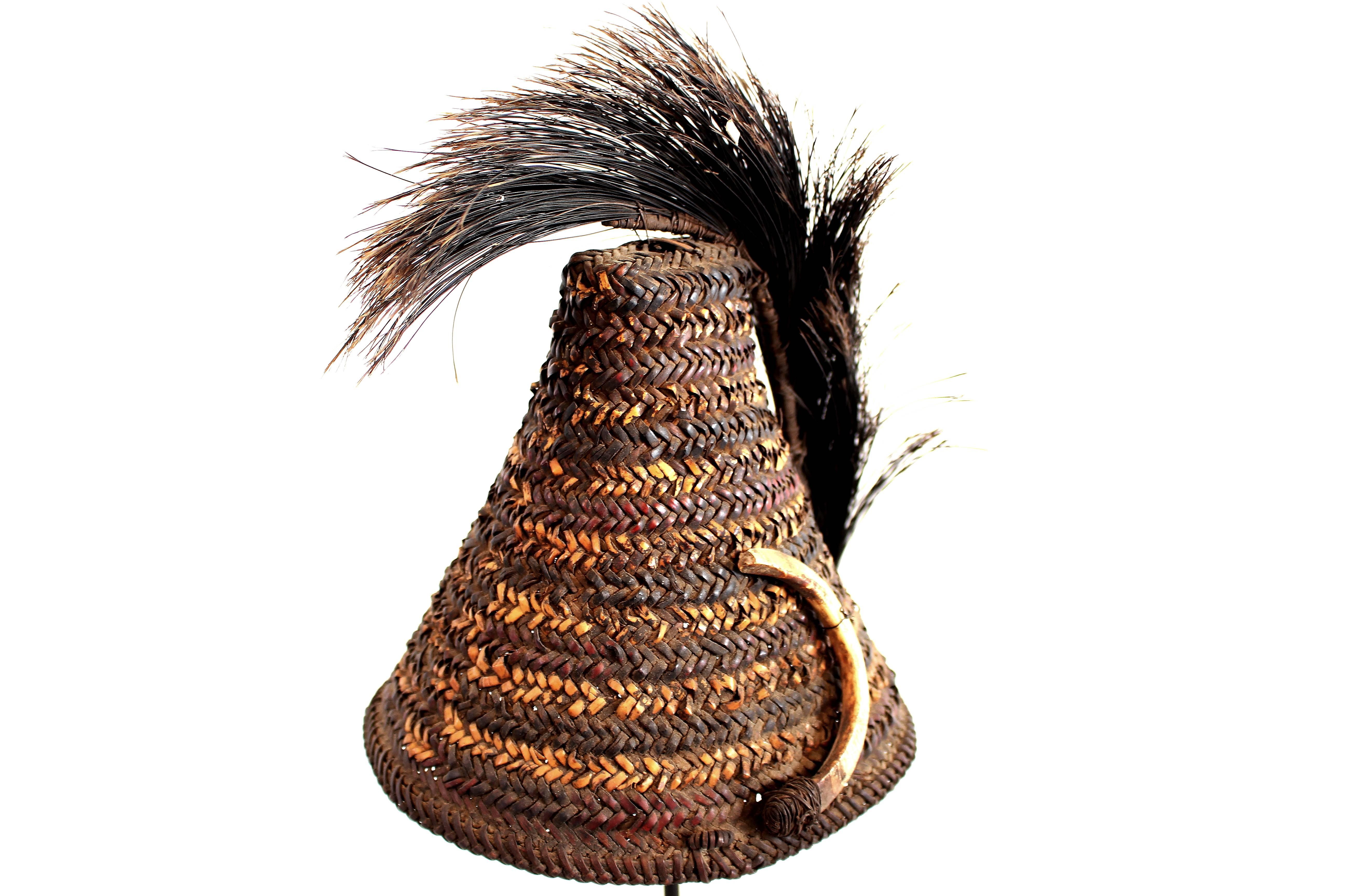 Cane Naga Warrior’s Hat with Boar’s Tusk and Fur Plume