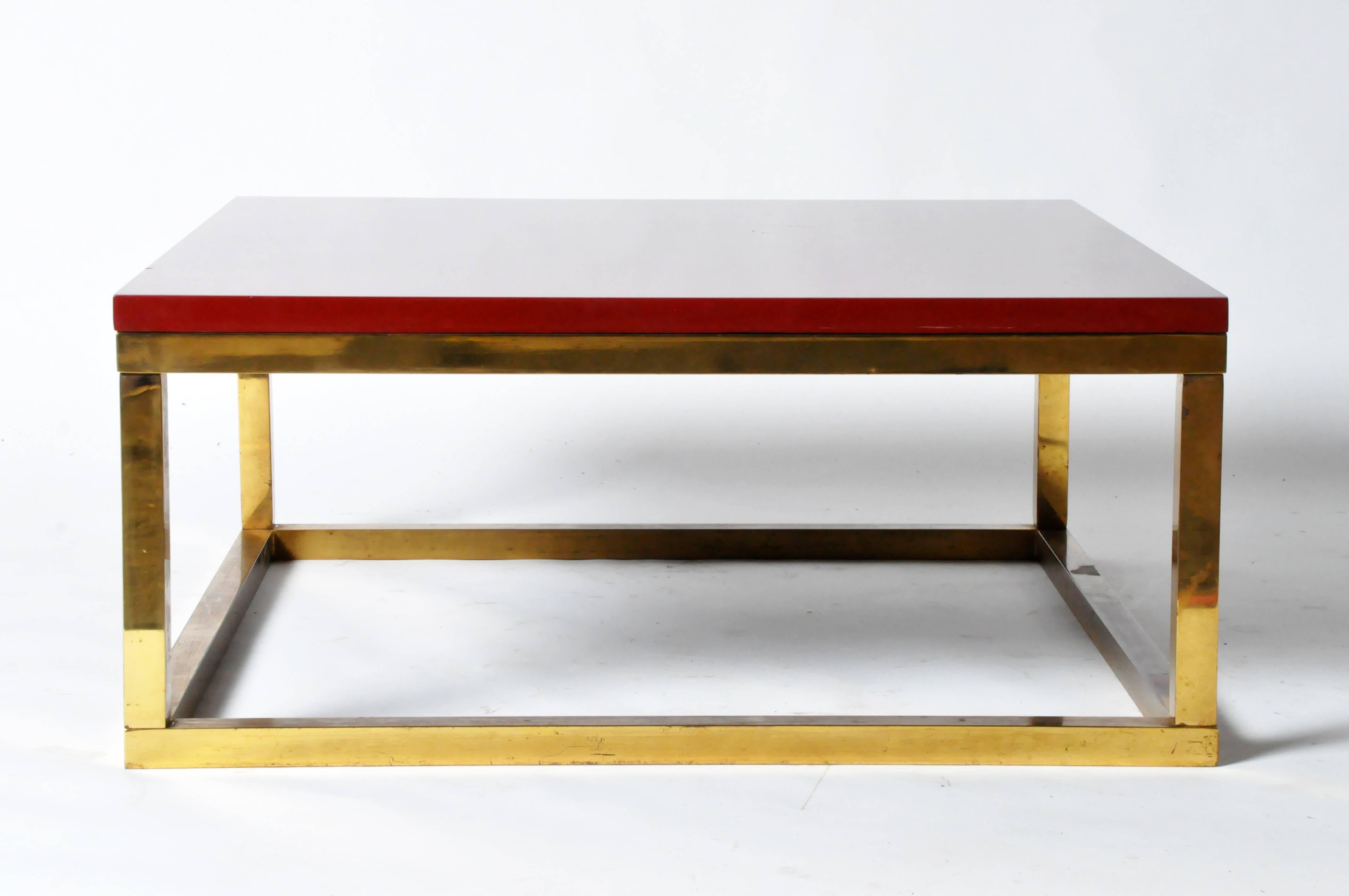 Mid-Century Modern Red Lacquer and Brass Cube Low Tables in the Style of Kai Kristiansen