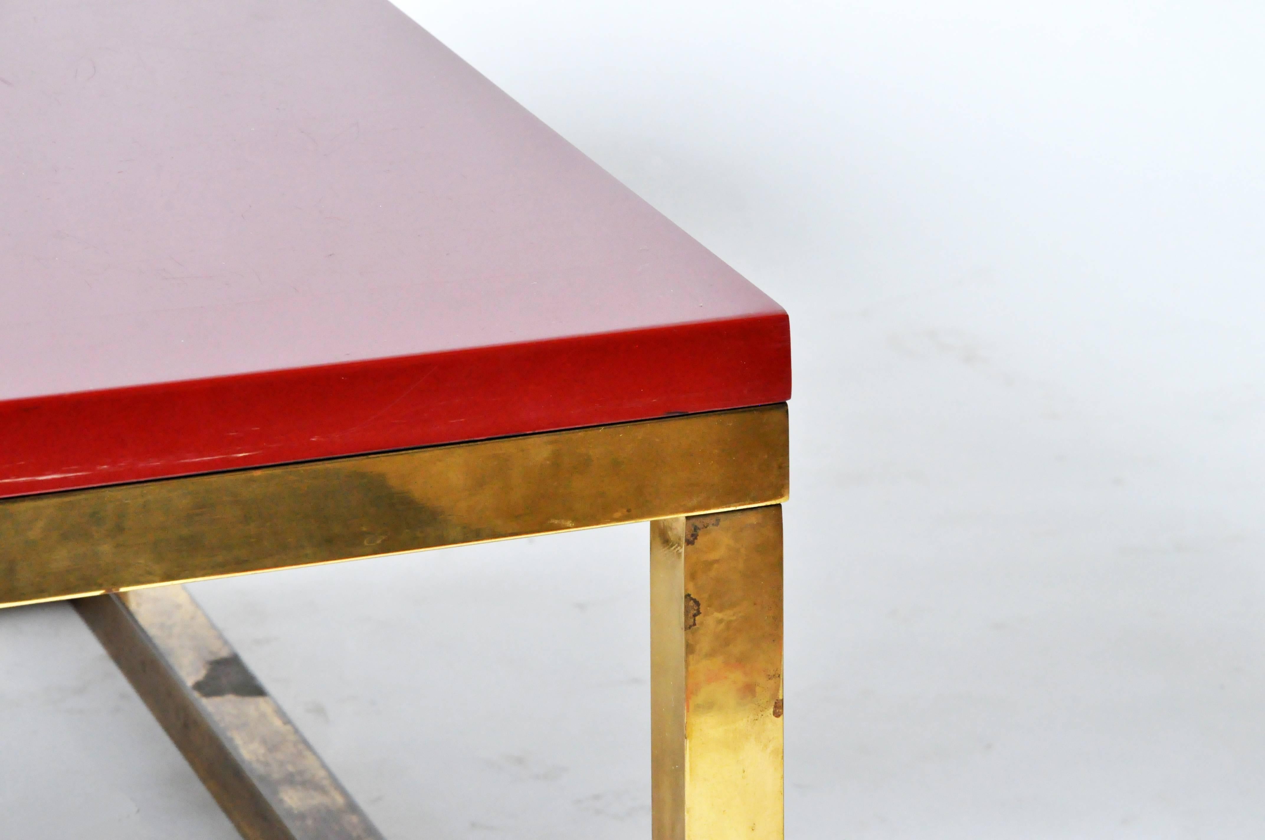 Red Lacquer and Brass Cube Low Tables in the Style of Kai Kristiansen In Good Condition In Chicago, IL