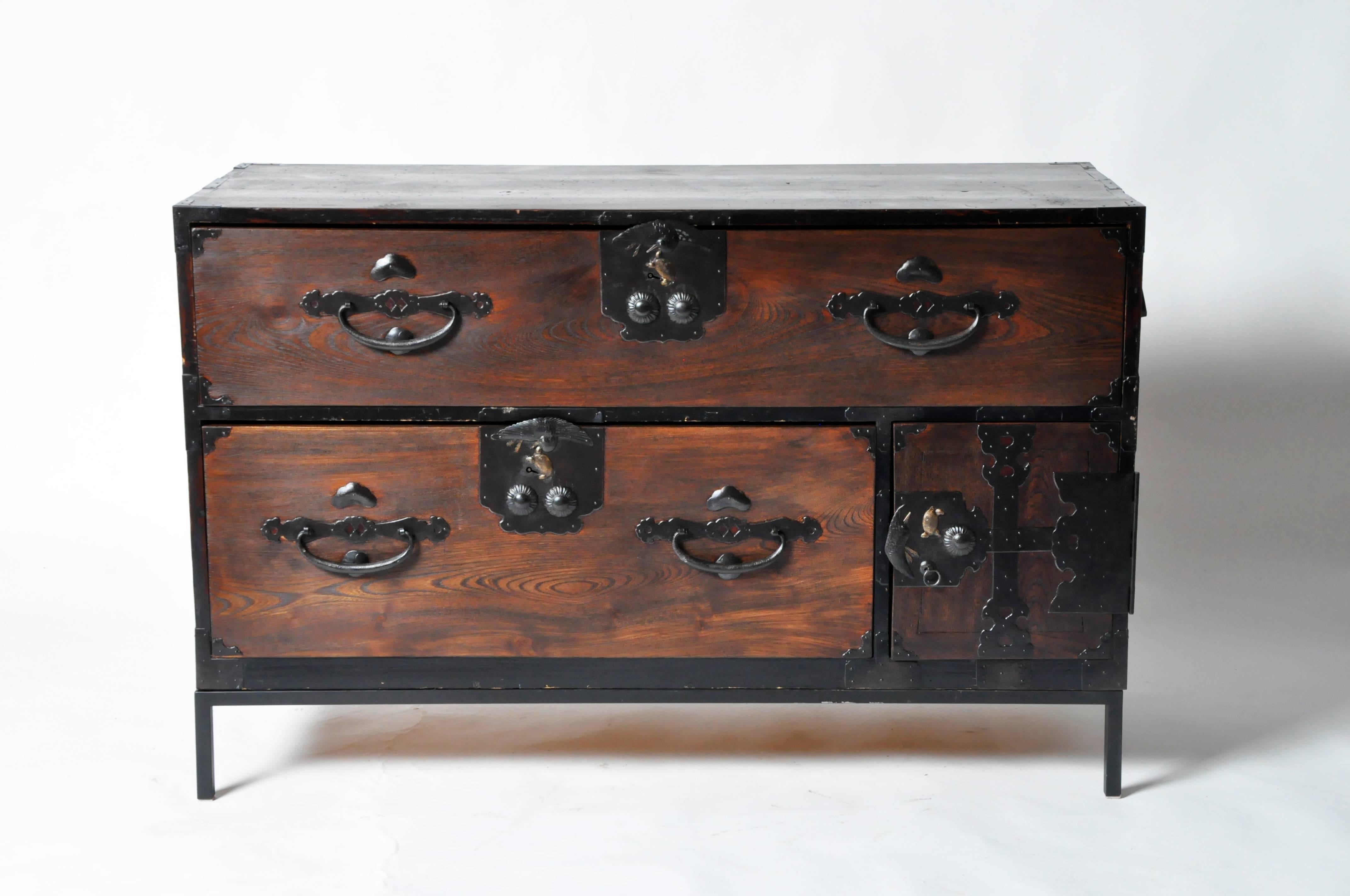 Stained Pair of Tansu Chests on Iron Bases