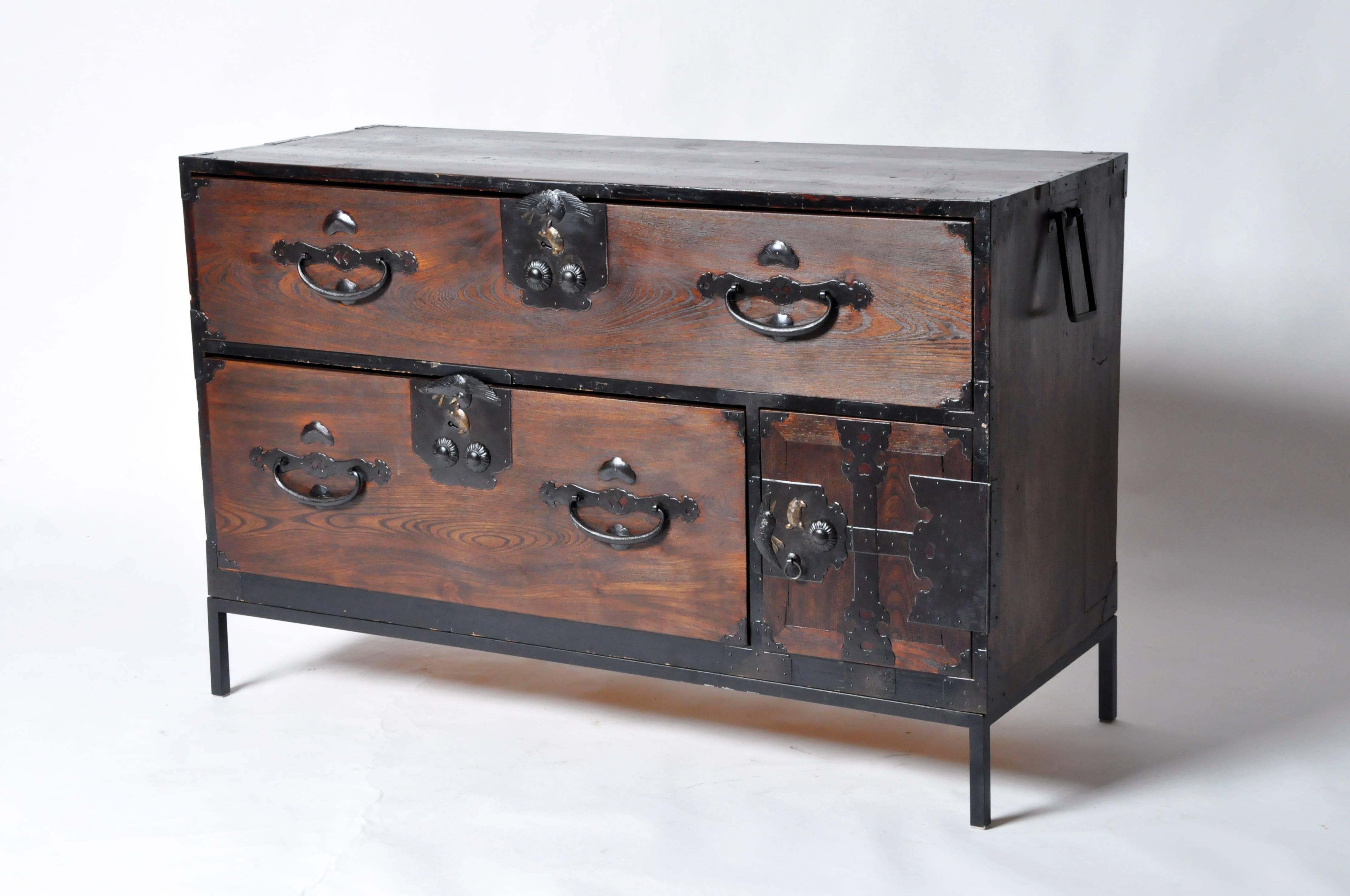 Japanese Pair of Tansu Chests on Iron Bases