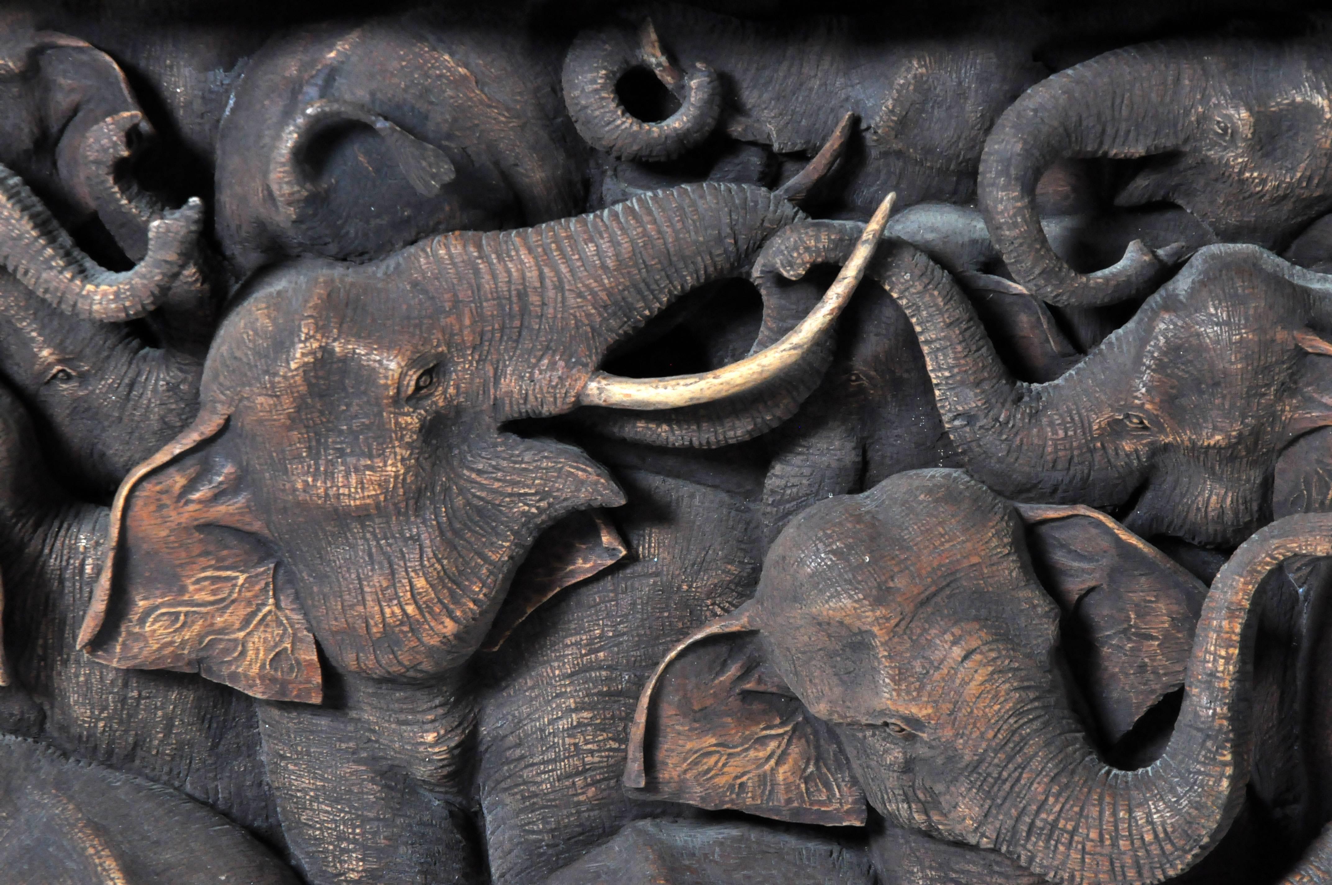 Teak Hand-Carved Herd of Elephants