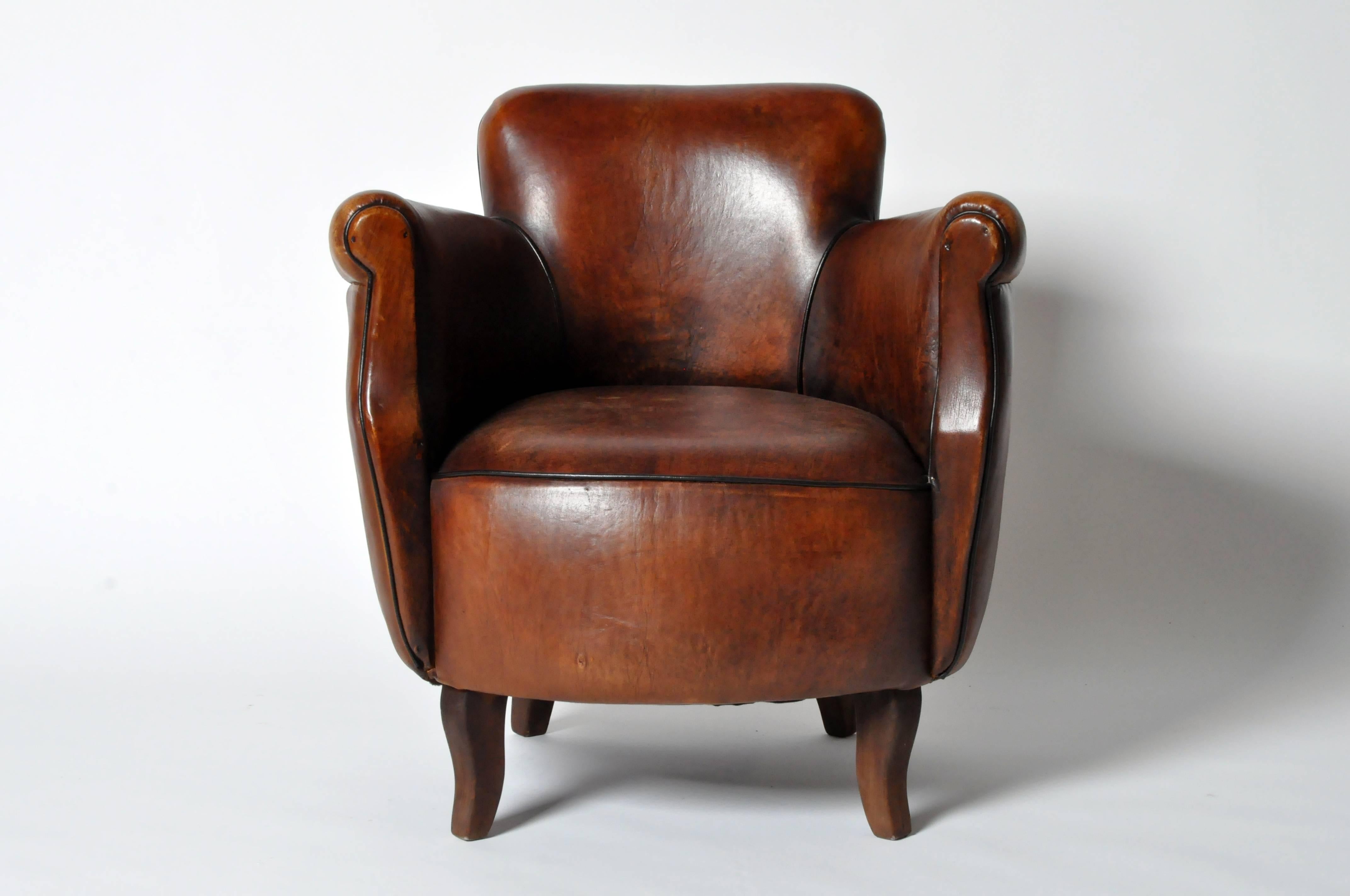 These compact leather chairs feature rich, espresso brown upholstery, thick padded seats and slim, roll panel arms.