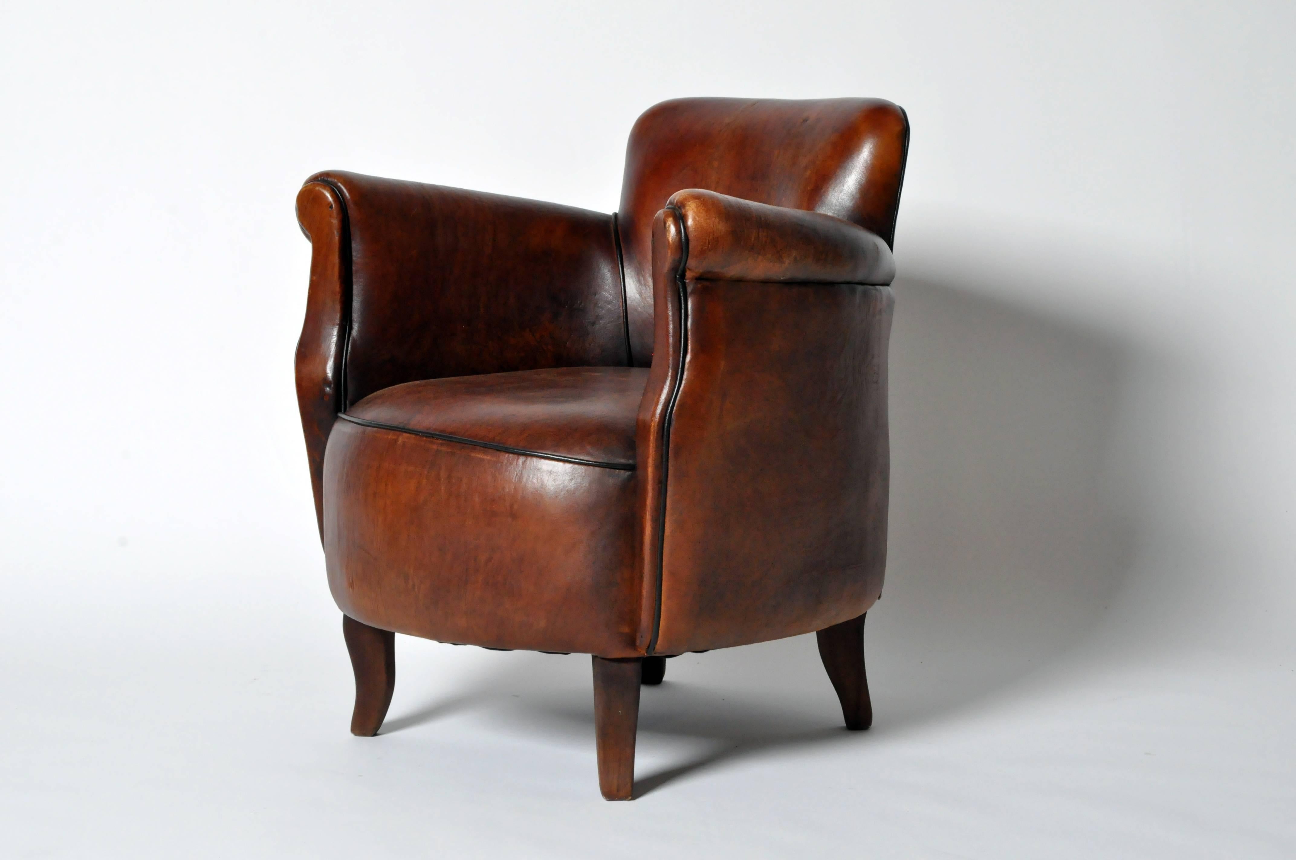 Art Deco Pair of Petite Brown Leather Club Chairs