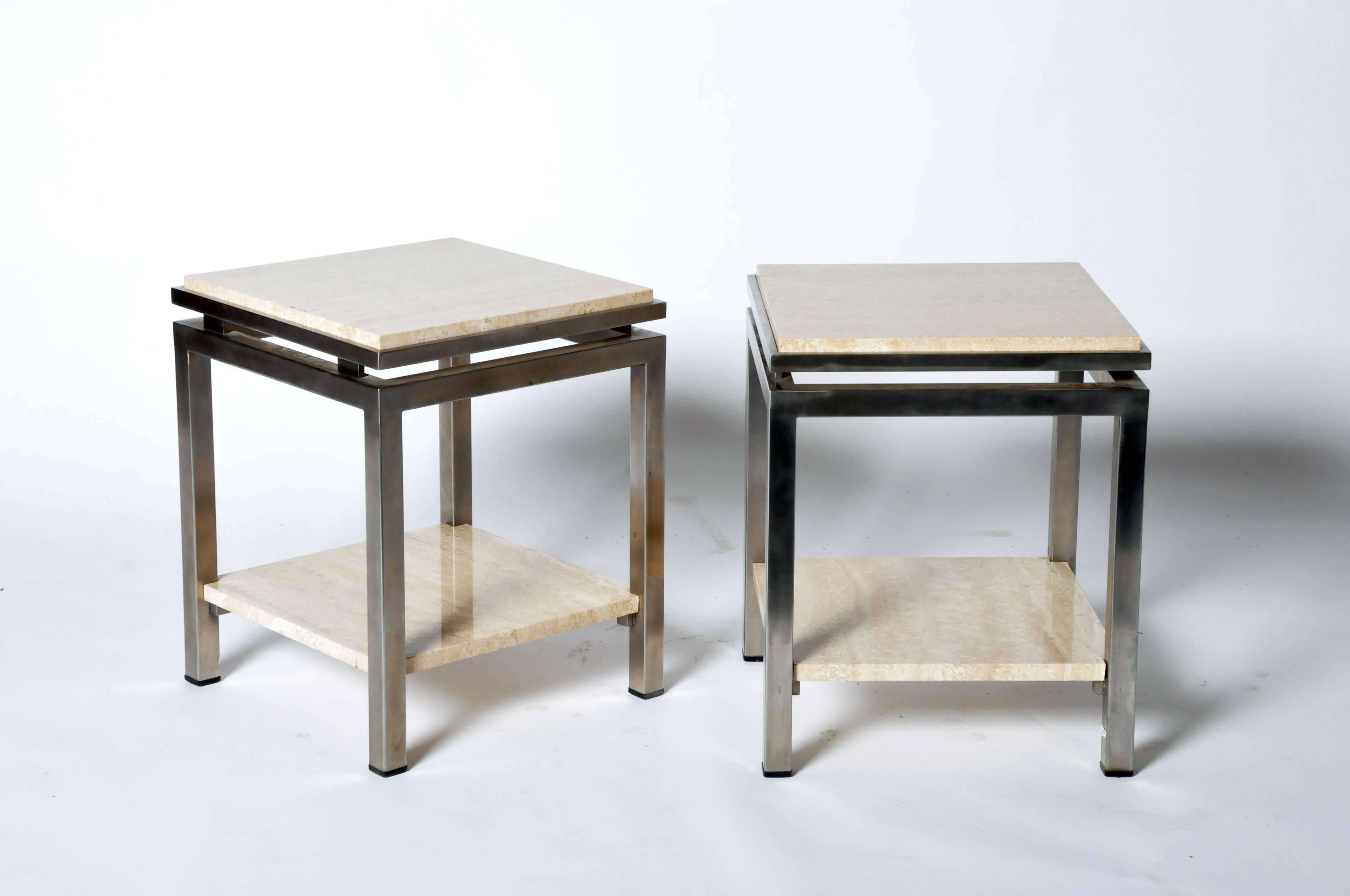 French Pair of Two-Tier Travertine Side Tables in the Style of Guy Lefevre