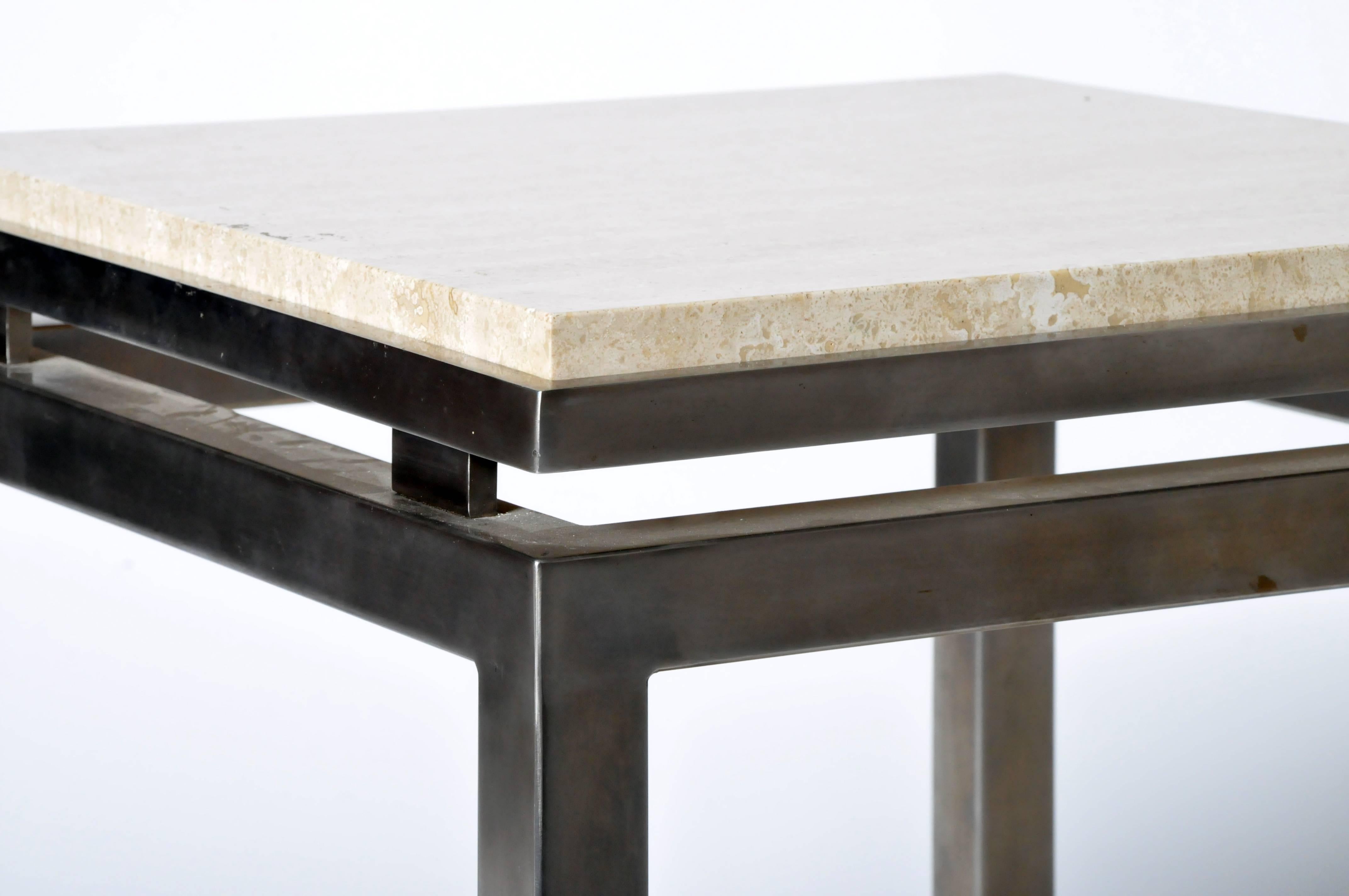 Metal Pair of Two-Tier Travertine Side Tables in the Style of Guy Lefevre