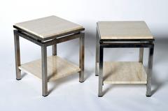 Pair of Two-Tier Travertine Side Tables in the Style of Guy Lefevre