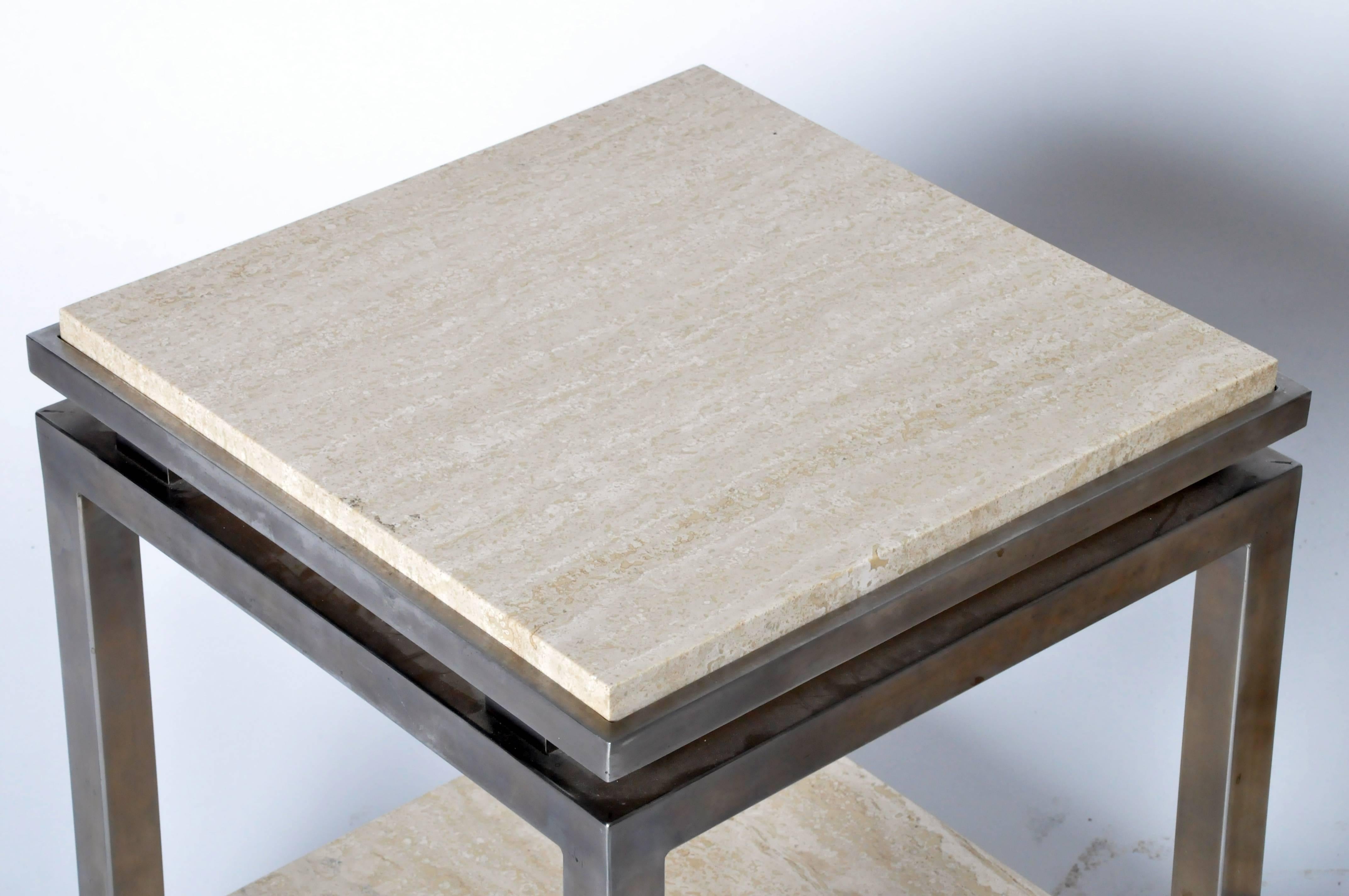 Pair of Two-Tier Travertine Side Tables in the Style of Guy Lefevre In Good Condition In Chicago, IL