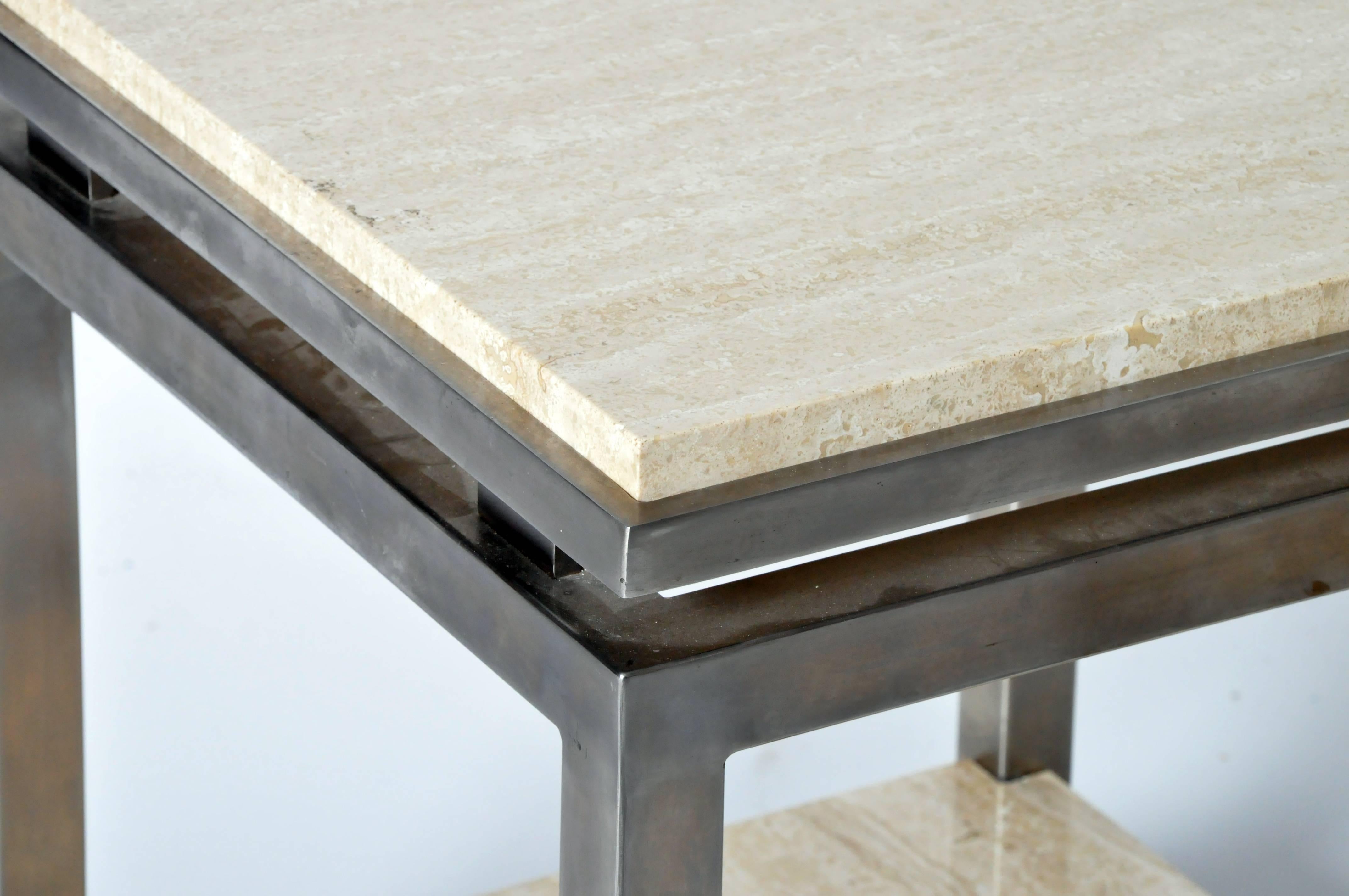 Late 20th Century Pair of Two-Tier Travertine Side Tables in the Style of Guy Lefevre