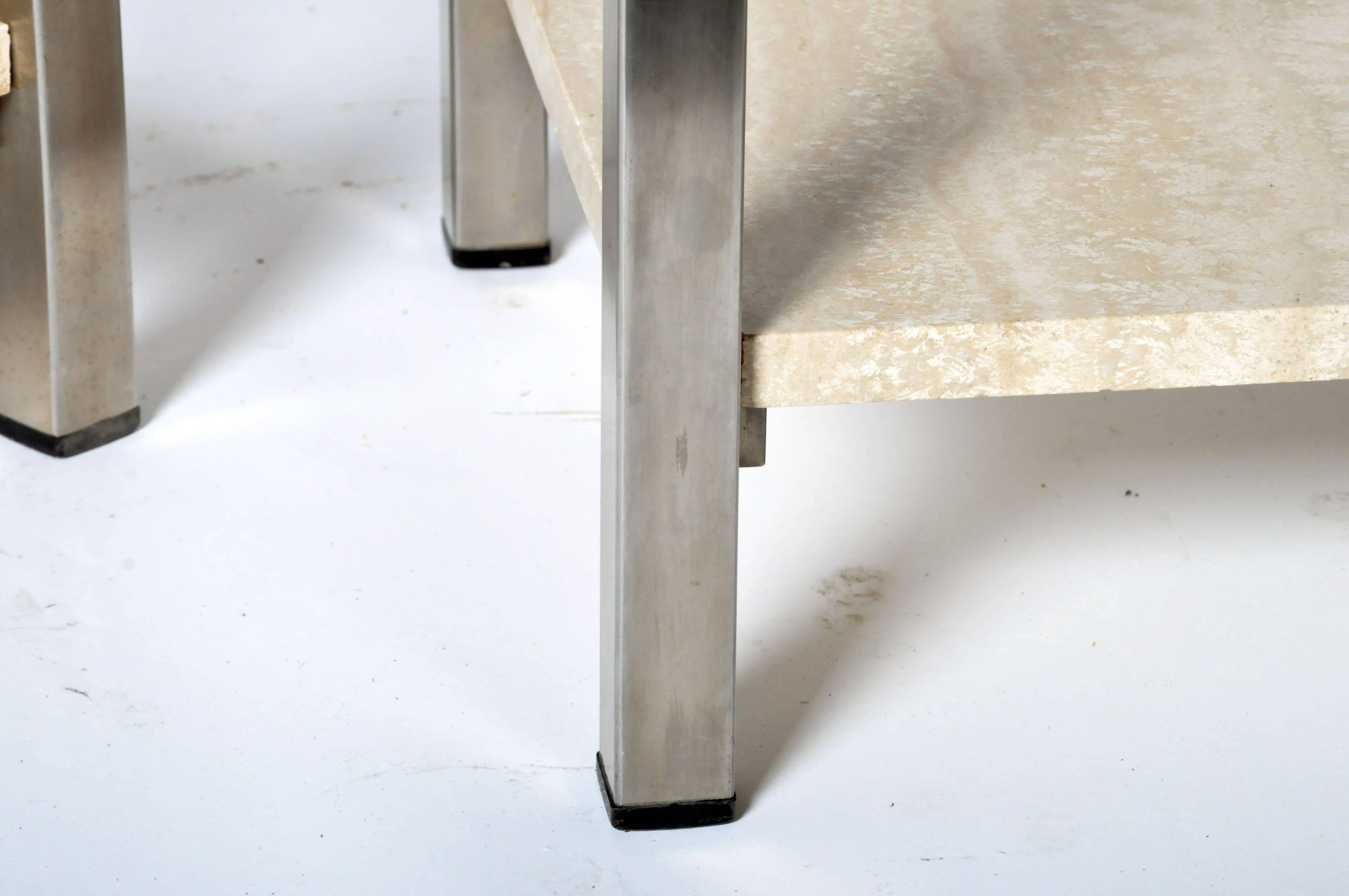 Pair of Two-Tier Travertine Side Tables in the Style of Guy Lefevre 3