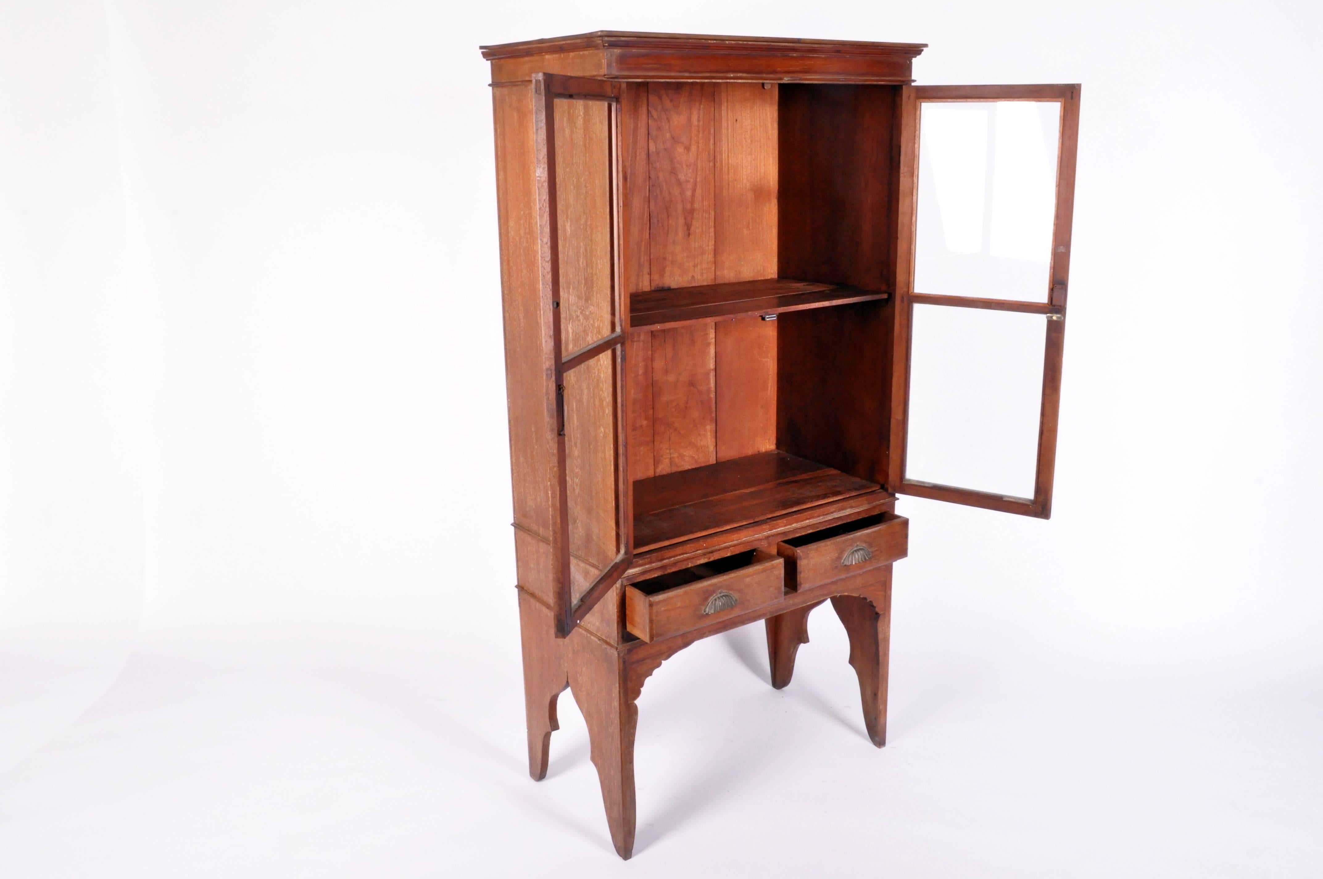 Lanna Thai Teak Wood Display Cabinet with Two Drawers In Good Condition In Chicago, IL
