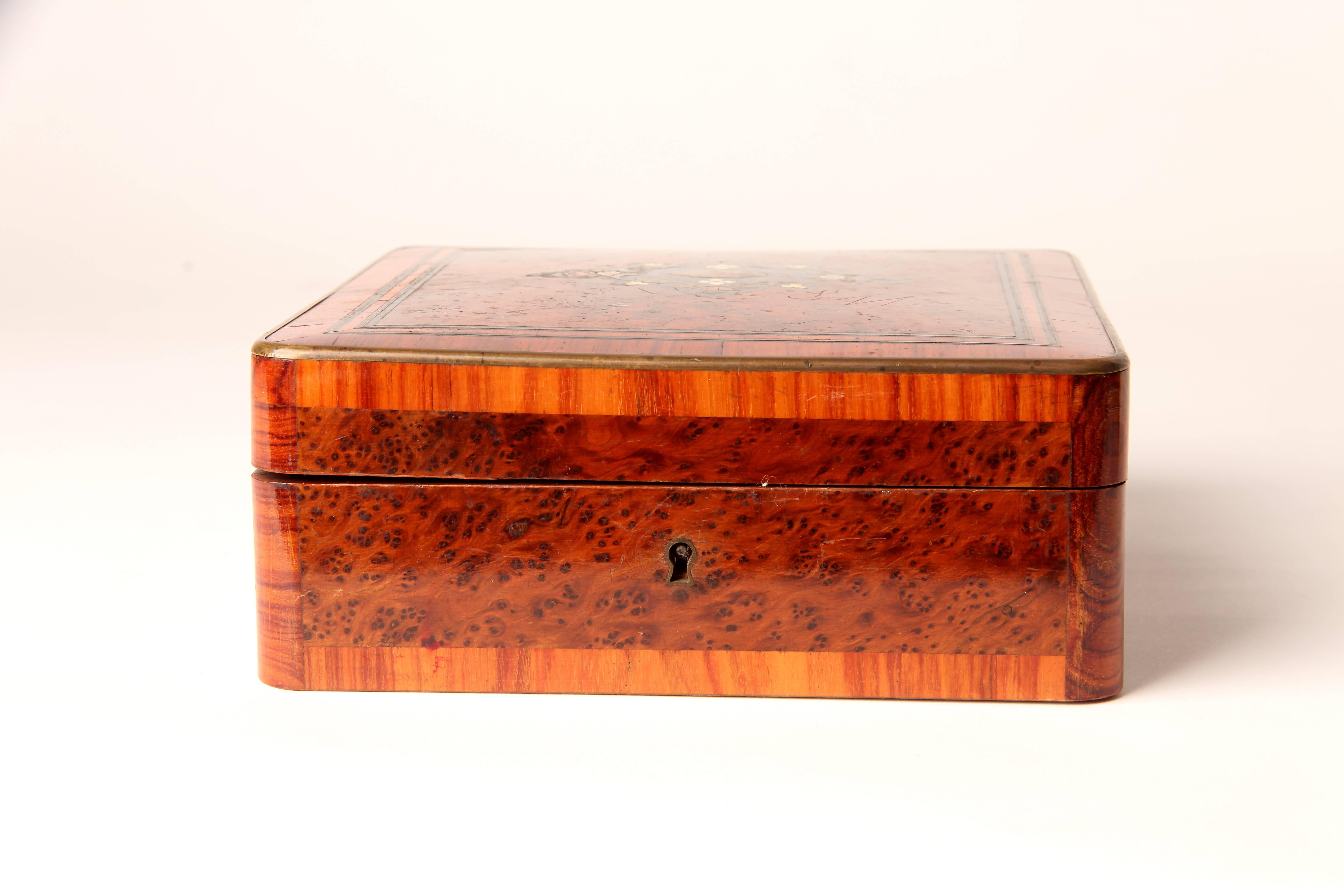 French Jewelry Box with Inlay and Brass Trim