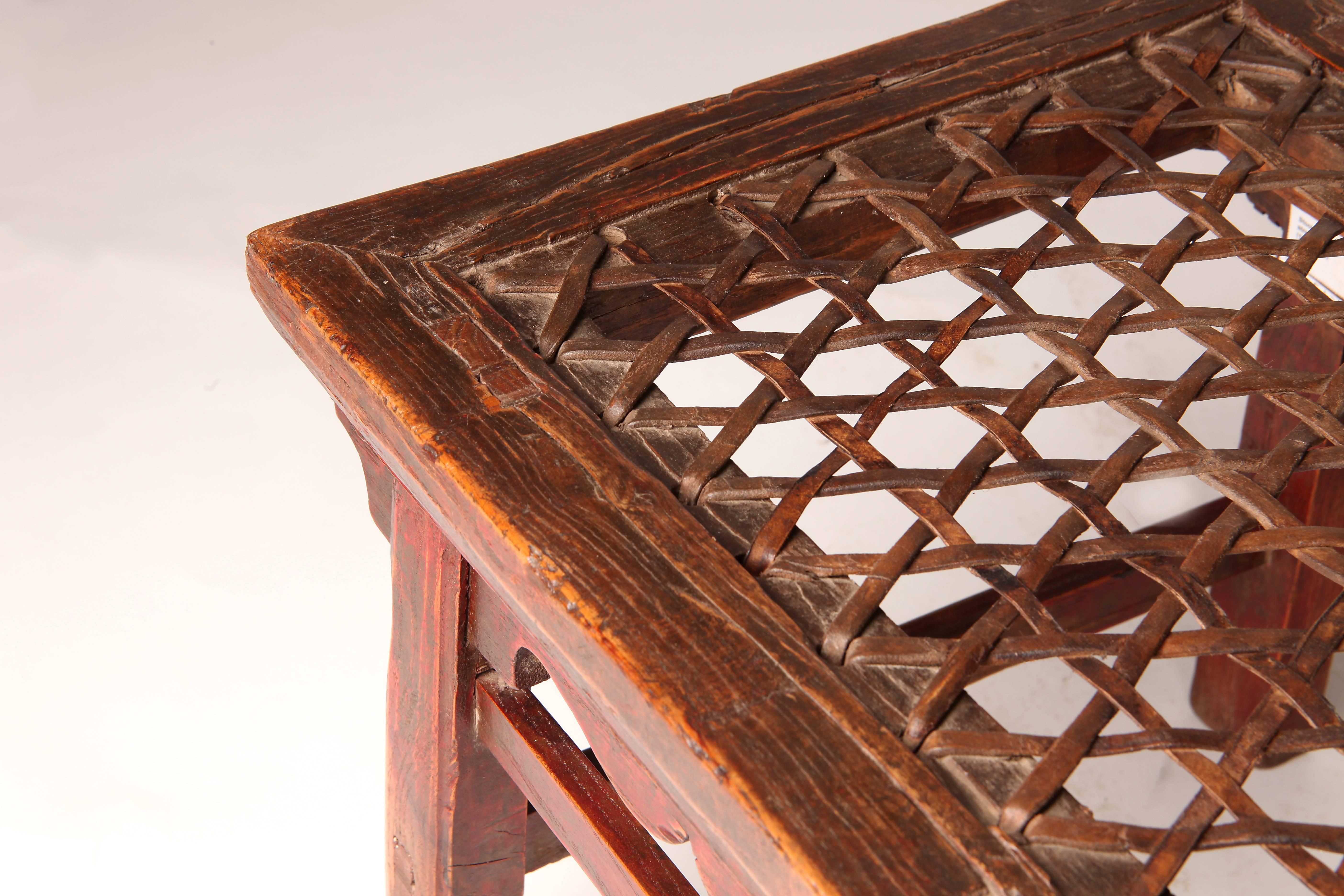 20th Century Chinese Rectangular Stool with Woven Seat