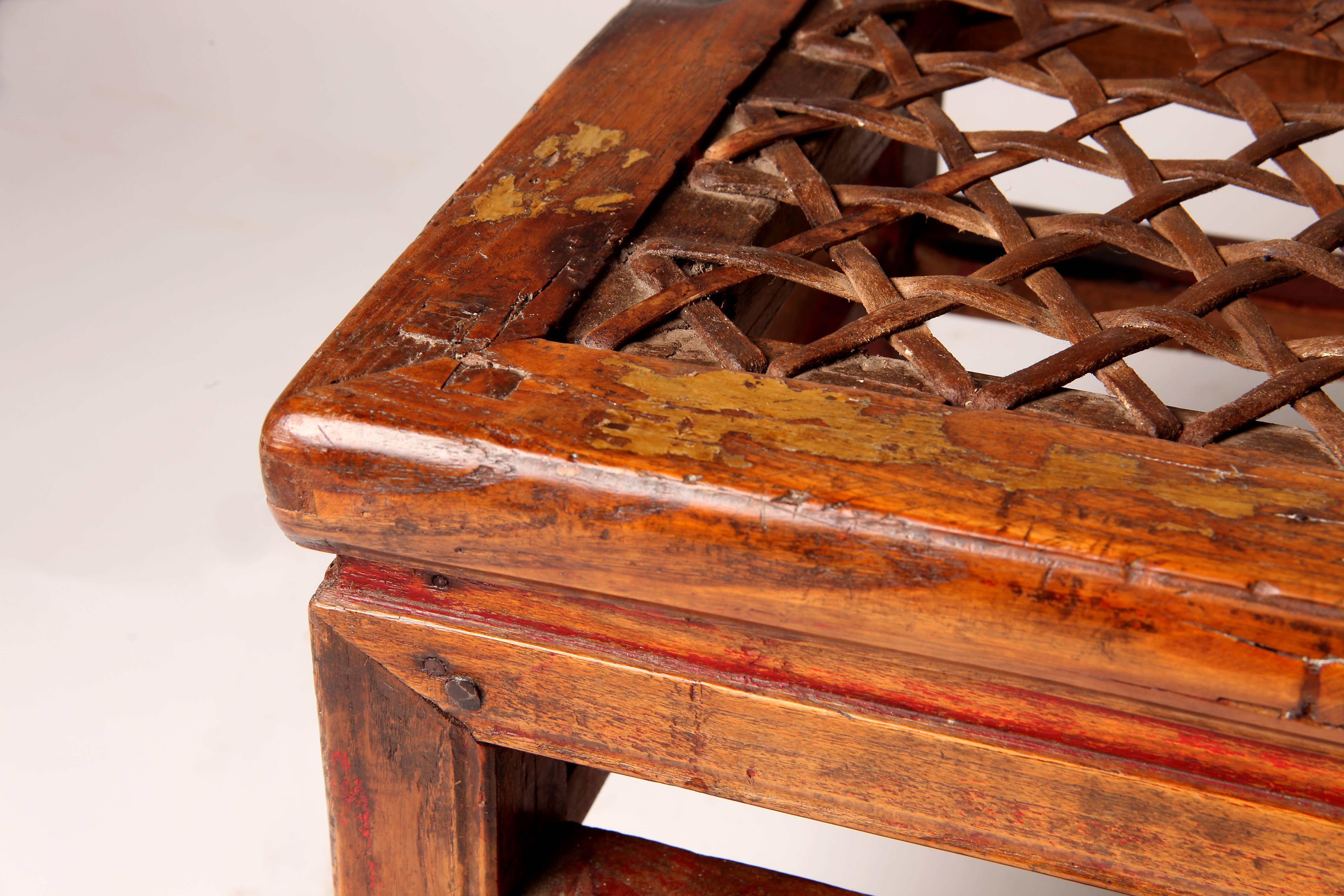 20th Century Chinese Rectangular Stool with Woven Seat and Horse-Hoof Feet
